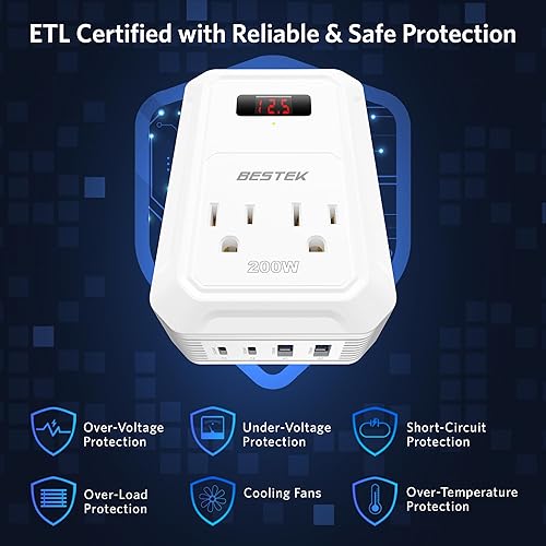 Miniatura 3 de BESTEK Inversor de corriente para automóvil de 200 W, convertidor de CC de 12 V a 110 V CA con 2 USB-C (30 W) y 2 USB-QC (18 W), adaptador de