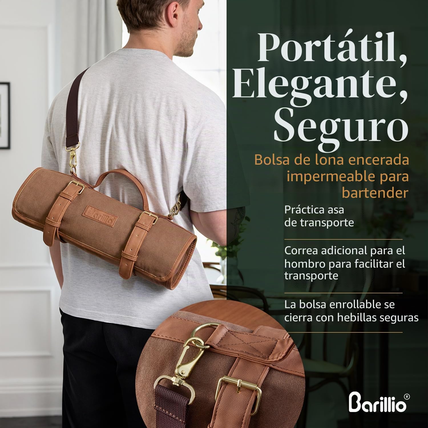 Barillio Bolsa de Barman de Viaje con Herramientas de Bar, Juego de Herramientas de Bar Profesional de 17 Piezas con Bolsa de Lona Encerada portátil Que Incluye Correa para el Hombro para un fácil