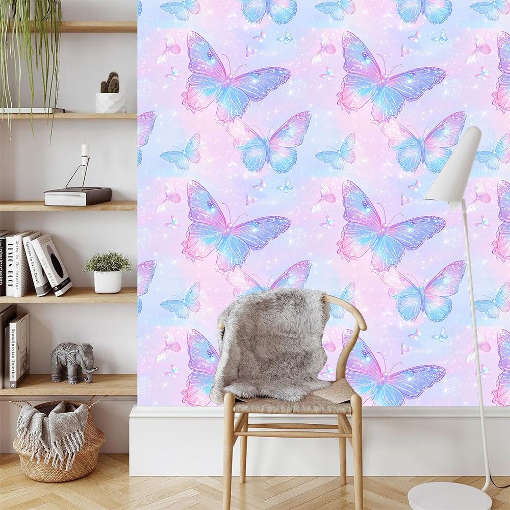 Samoprzylepna tapeta kreskówka brokat motyl naklejka na tapetę motyl dziewczyna meble naklejka wodoodporna salon sypialnia