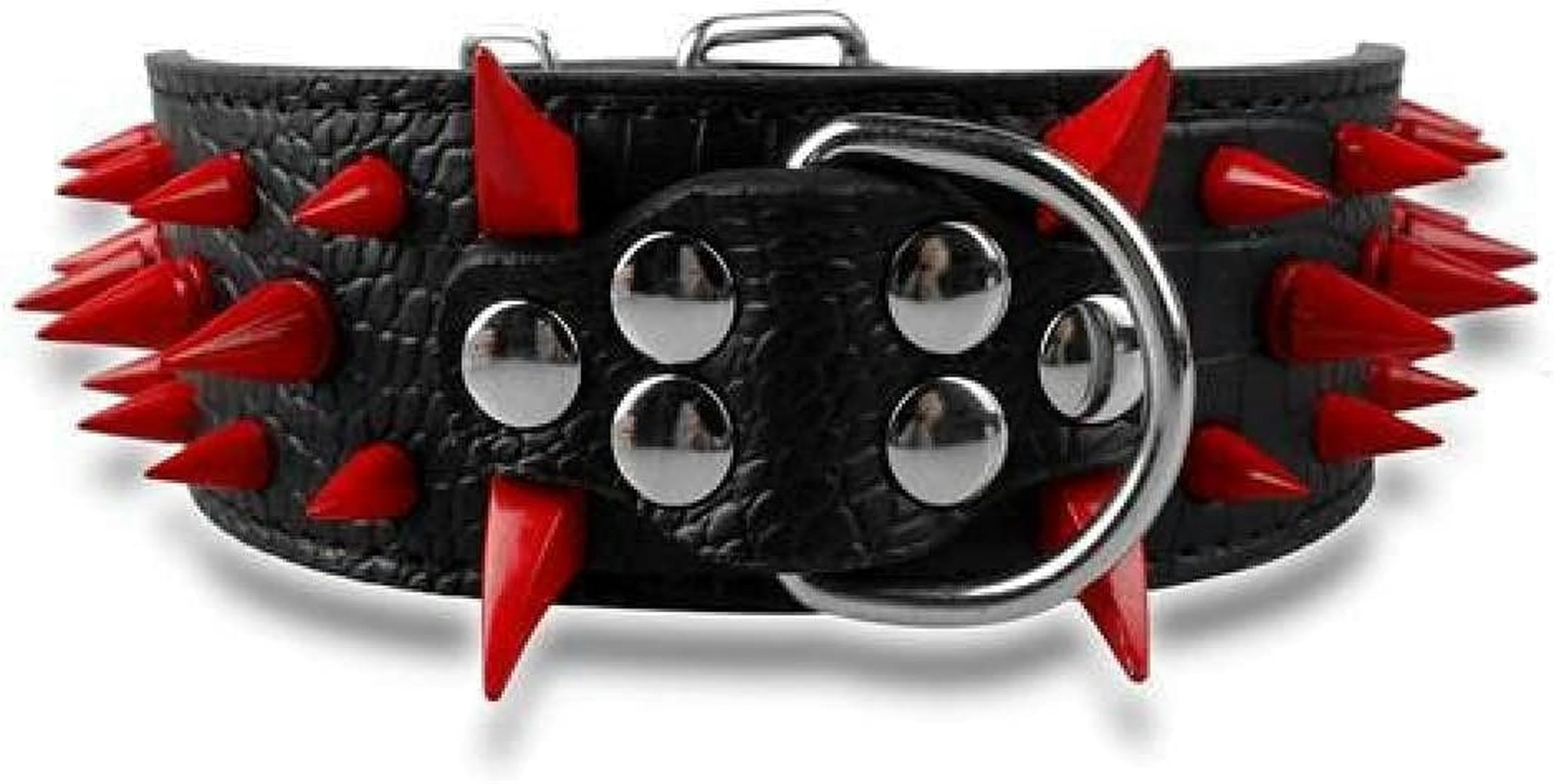 2 Zoll breites, mit scharfen Spikes besetztes Hundehalsband aus Leder für große Hunde, verstellbar für mittelgroße und große Hunde SML XL-Schwarz-Rot-Spike-S