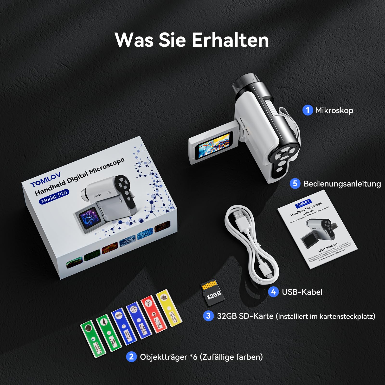 TOMLOV P20 Handheld Digital Mikroskop für Kinder, Mehrere Taschenmikroskop, Tragbare 1080P DV-Kamera mit klappbarem 2-Zoll-LCD-Bildschirm, Kompatibel mit MacOS & Windows, 6 Pcs Objektträger, 32GB