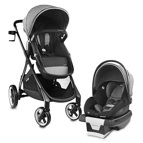 Evenflo Gold Shyft Travel Smart - Cochecito infantil con asiento de automóvil SecureMax con cesta de almacenamiento profunda y sensor seguro, gris