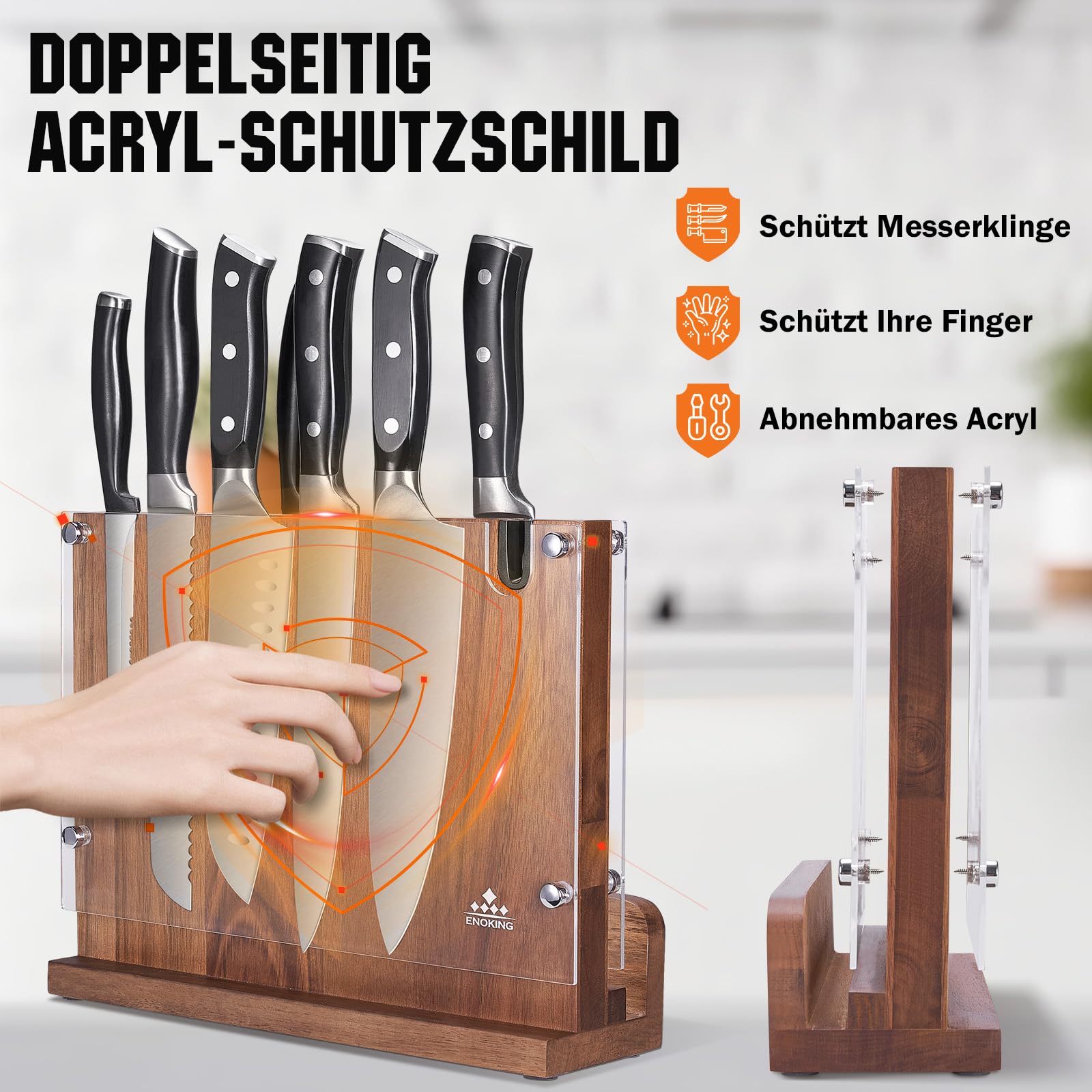 ENOKING Spitzenklasse Plus Messerblock Magnetisch Ohne Messer, Doppelseitiger Magnetischer Messerblock mit Acryl-Schutz, Hochwertiges Magnet Messerhalter, Akazienholz-Messerbrett mit Messerschärfer