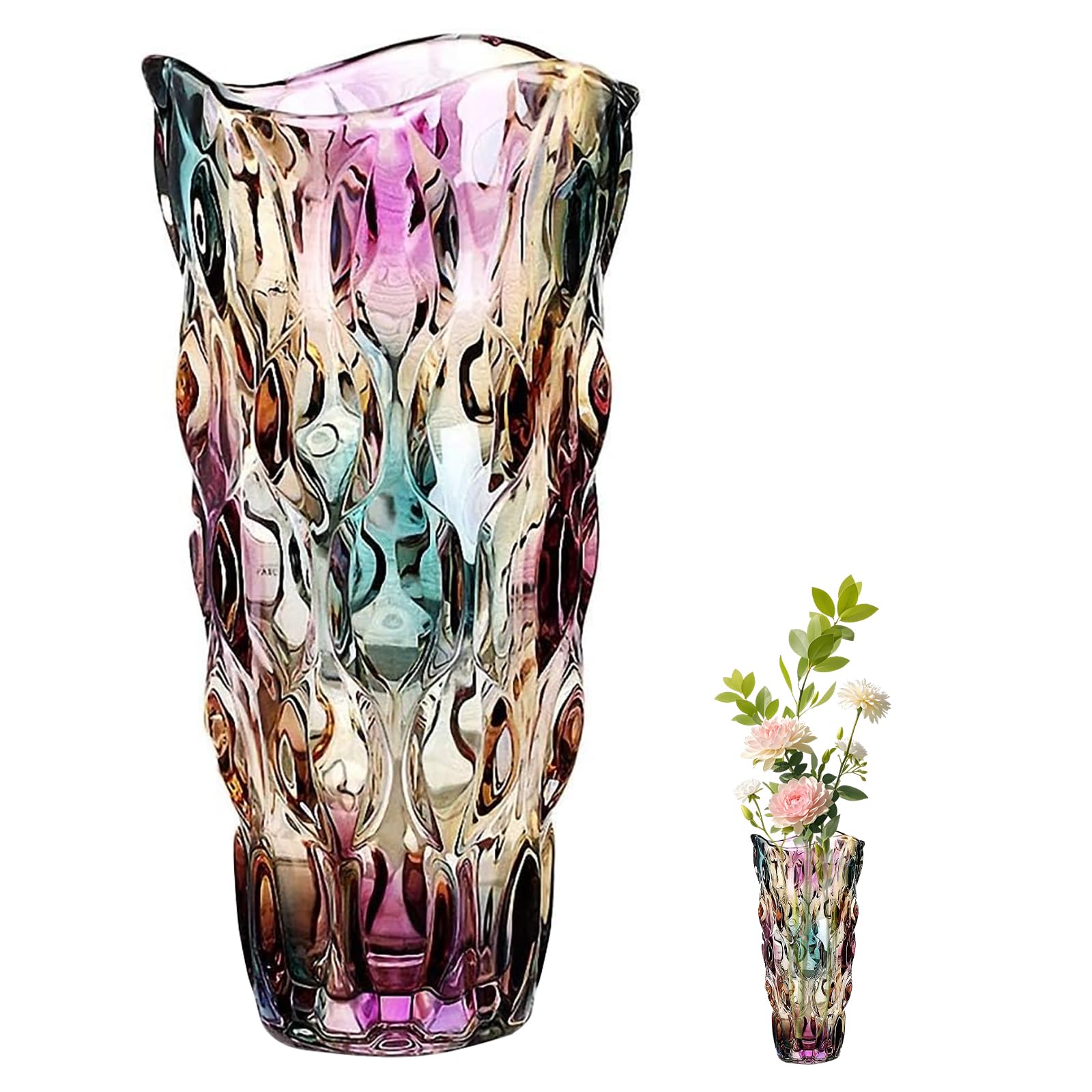 Bohemian Glass Flower Vase,24cm Modern Bohemian Vase,Handmade Nordic Bohemian Floral Arrangement,Hydroponic Ornament,Tall Nordic Vases,Large Tulip Bouquets (Colorful