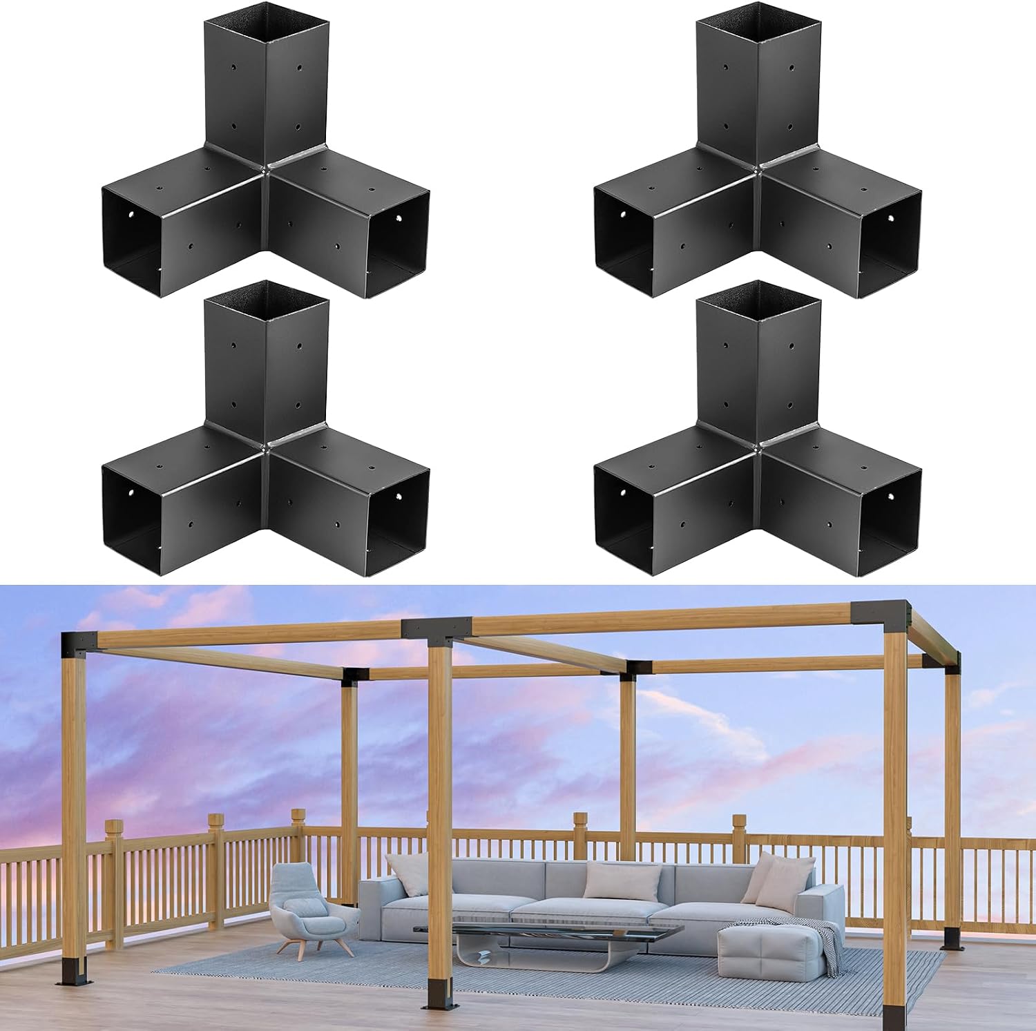 TROPTOLKY 4x4 Pergola Bracket Kit, 3-Way Right Angle, Black Steel ...