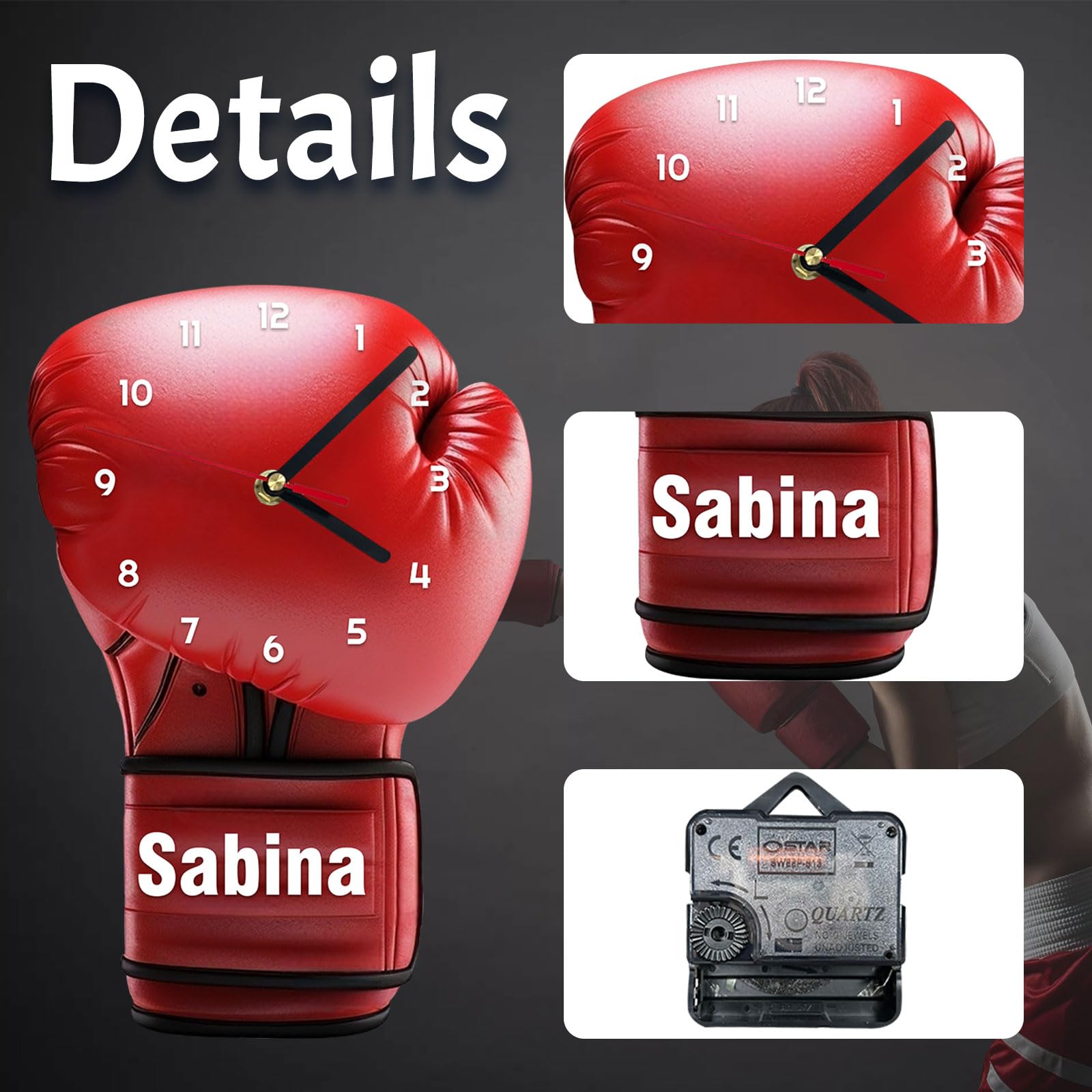 Cadeaux pour hommes,Horloge murale personnalisée avec nom, Horloge silencieuse avec gants de boxe,Décoration intérieure de la chambre à coucher et du salon avec texte personnalisable