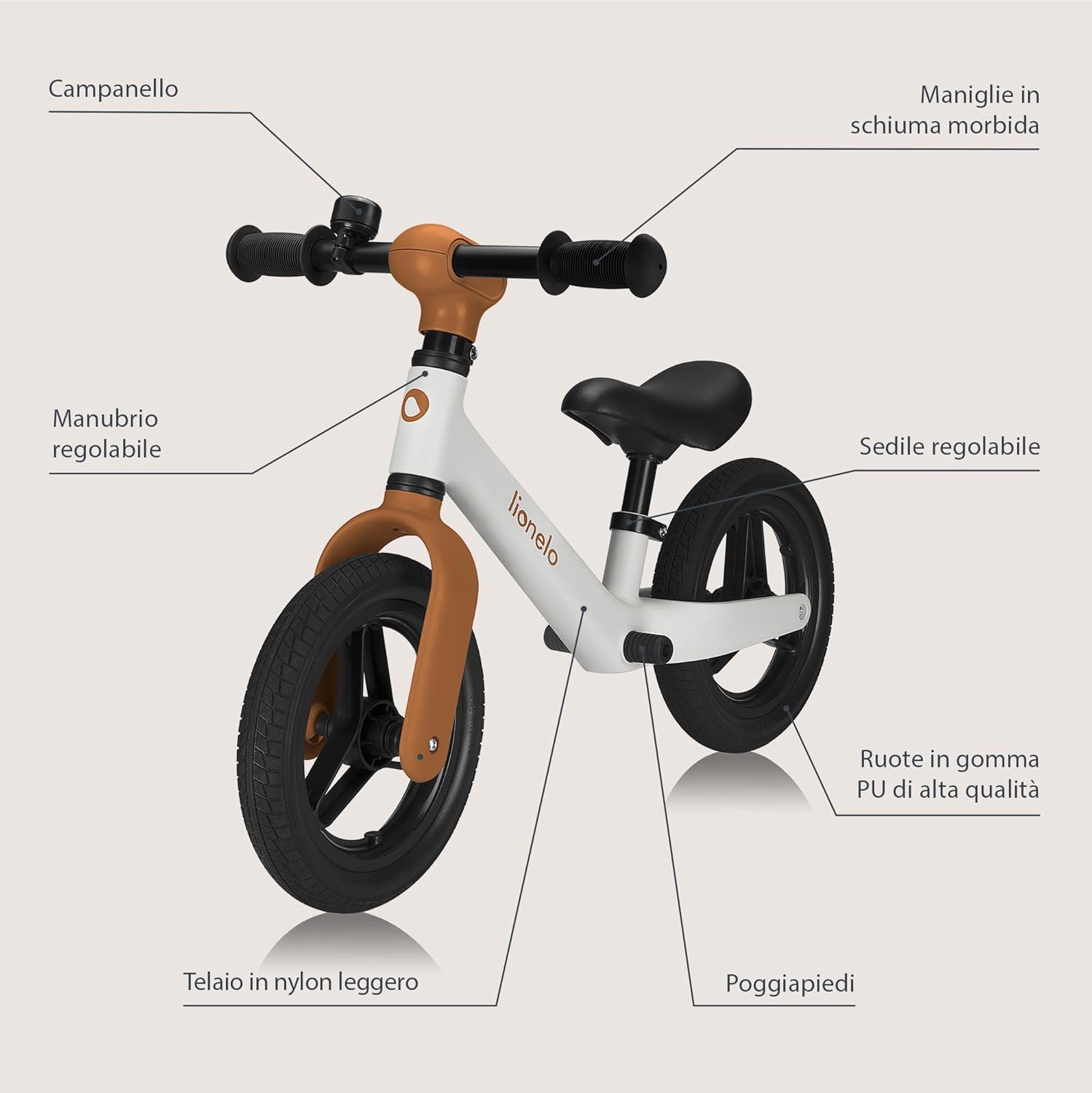 Diagram of Lionelo Toni Balance Bike with labeled parts: bell, soft foam handles, adjustable handlebar, adjustable seat, high-quality PU rubber wheels, lightweight nylon frame, footrest