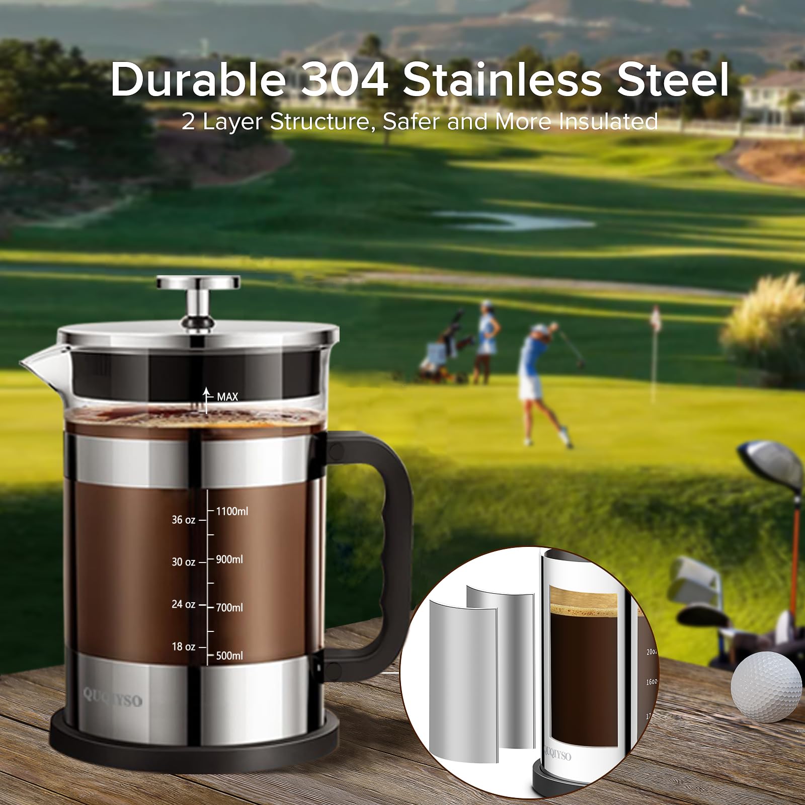 QUQIYSO Cafetera de prensa francesa de acero inoxidable 304 de 50 onzas con 4 filtros, resistente al calor, duradera, fácil de limpiar, prensa de café de vidrio de borosilicato, plateado