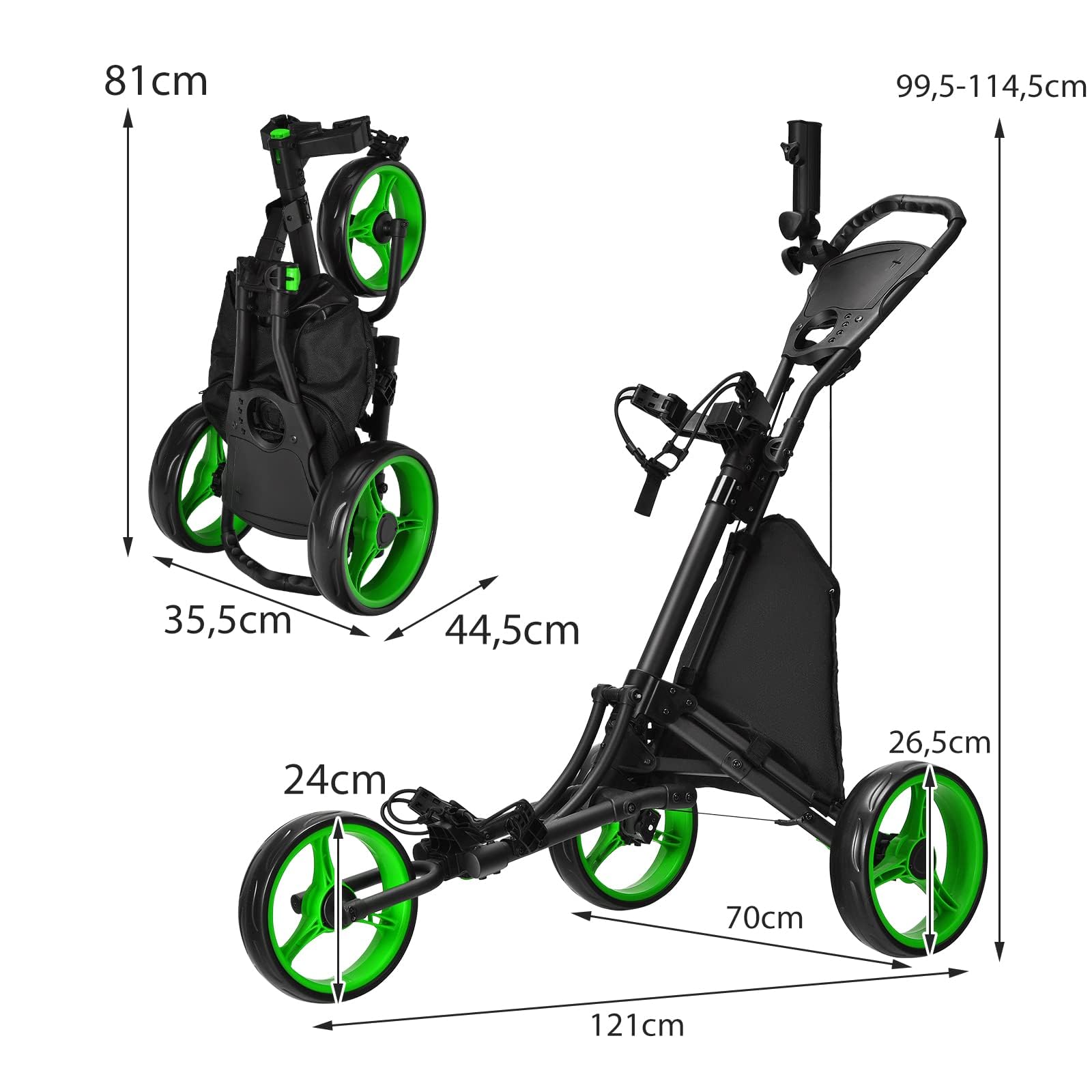 GOPLUS Golf Trolley, Golftrolley 3 Rad mit Verstellbarer Griff, Fußbremse, Golfwagen klappbar mit Schirm- und Getränkehalter & wasserdichter Tasche, Golfcaddy Golf Push Cart