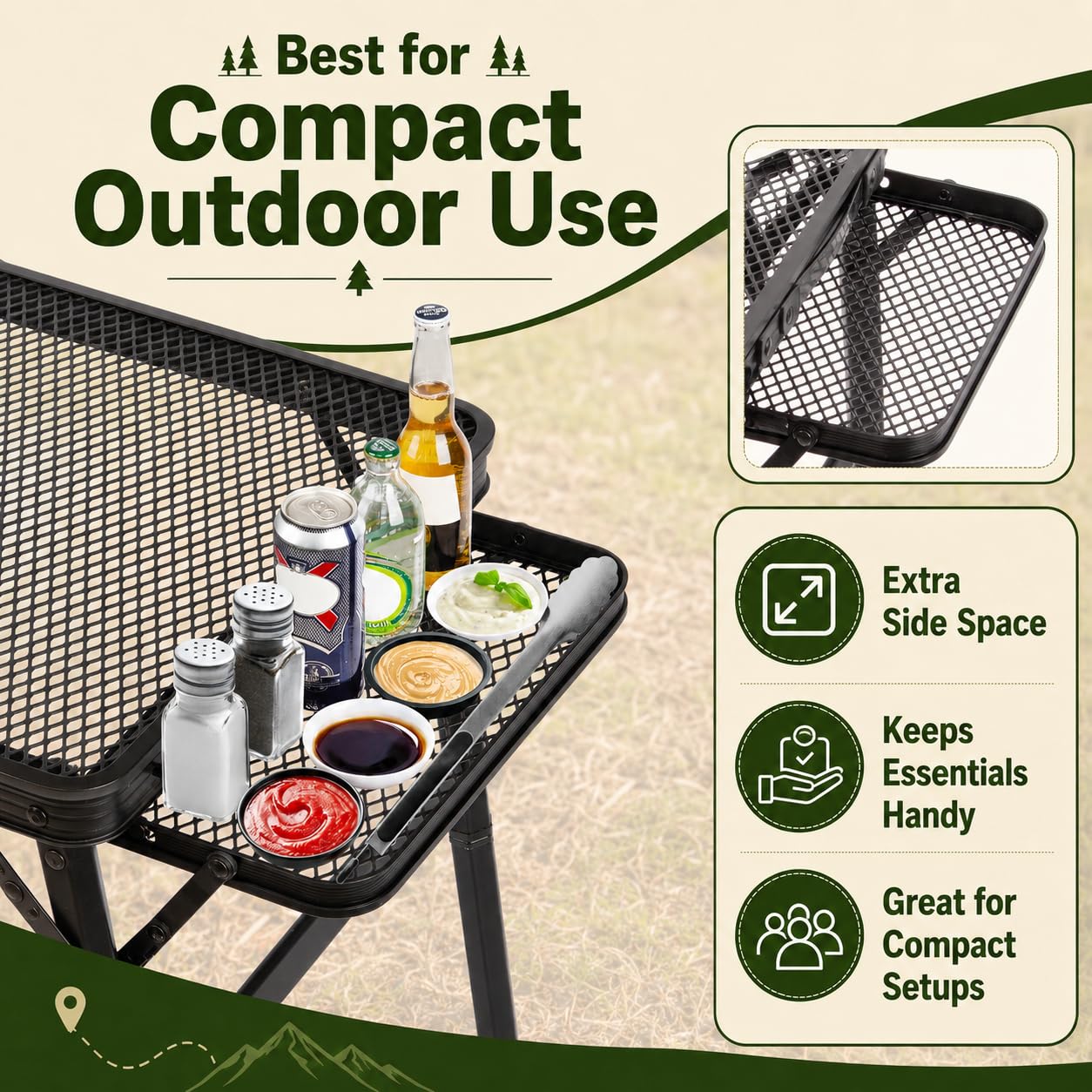 Tavolo da picnic con 2 pannelli alari, in rete di metallo, pieghevole, altezza regolabile, leggero e portatile, per campeggio, picnic, spiaggia e barbecue, camper
