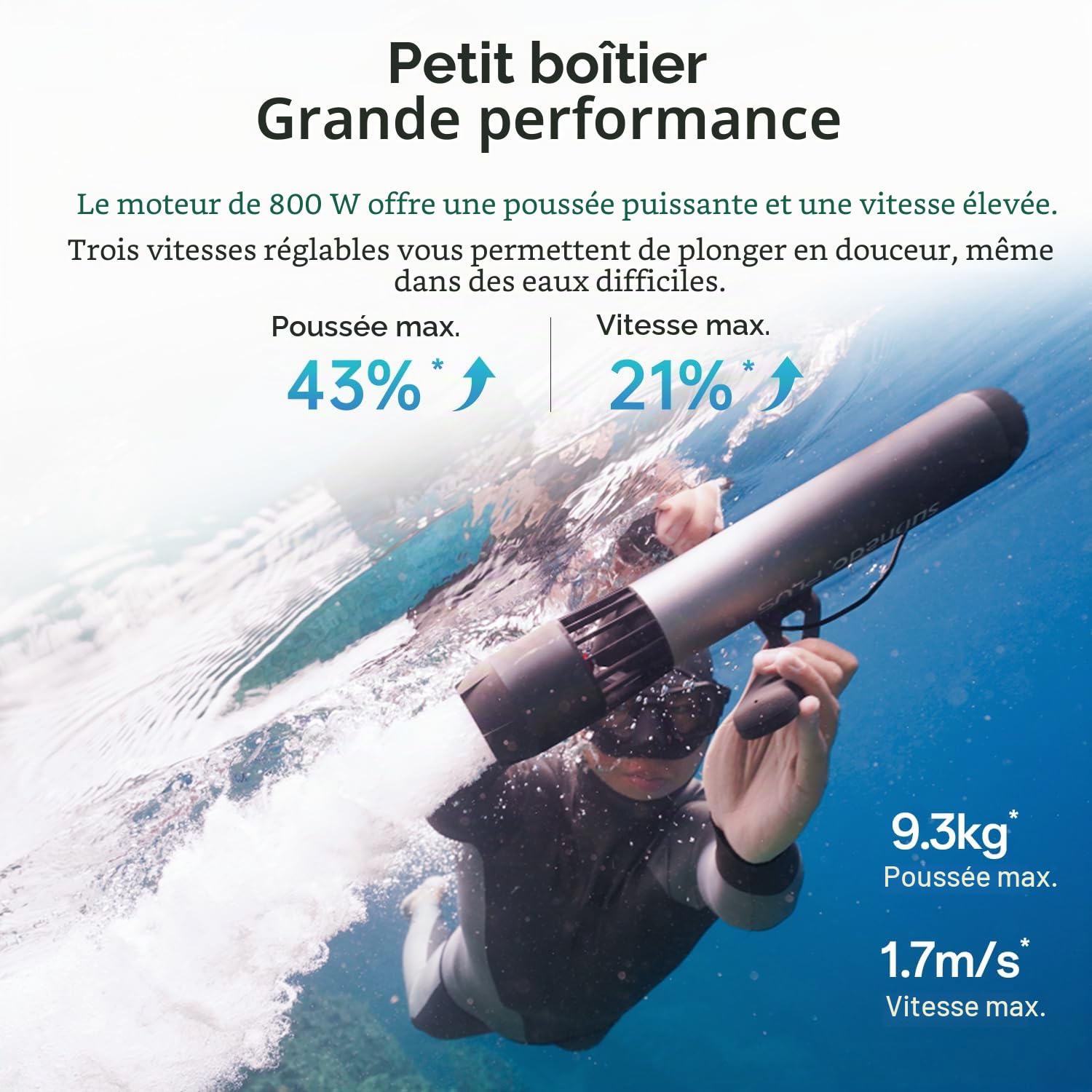 Waydoo Subnado Plus Scooter sous-marin, moteur de 800 W et batterie de 144 W, autonomie maximale de 60 minutes, scooter de mer léger et portable avec charge rapide bidirectionnelle pour la plongée