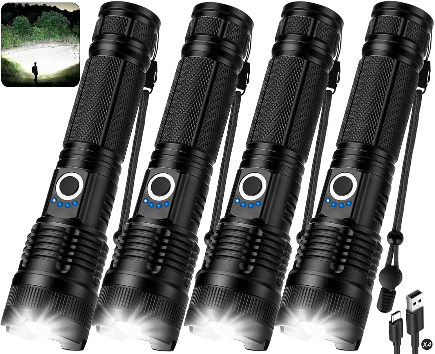 4 Pack Rechargeable LED Flashlight 990,000 Lumens, Adjustable with 5 Modes, IPX7 Waterproof, Handheld Flash Light for Camping Hiking Emergency Home Use (Black)