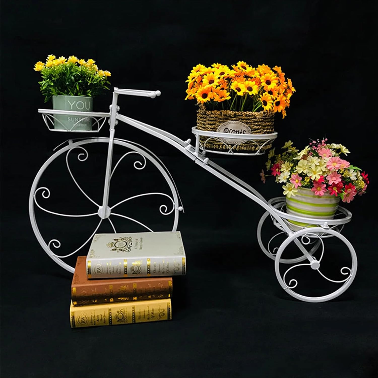 Three-wheeled Plant Stand, Iron Plant Stand with 3 Baskets, Bike Shape Plant Corner Shelf, Plant Display Rack Decor for Outdoor, Indoor, Entryway, Porches, Garden, Balcony (White)
