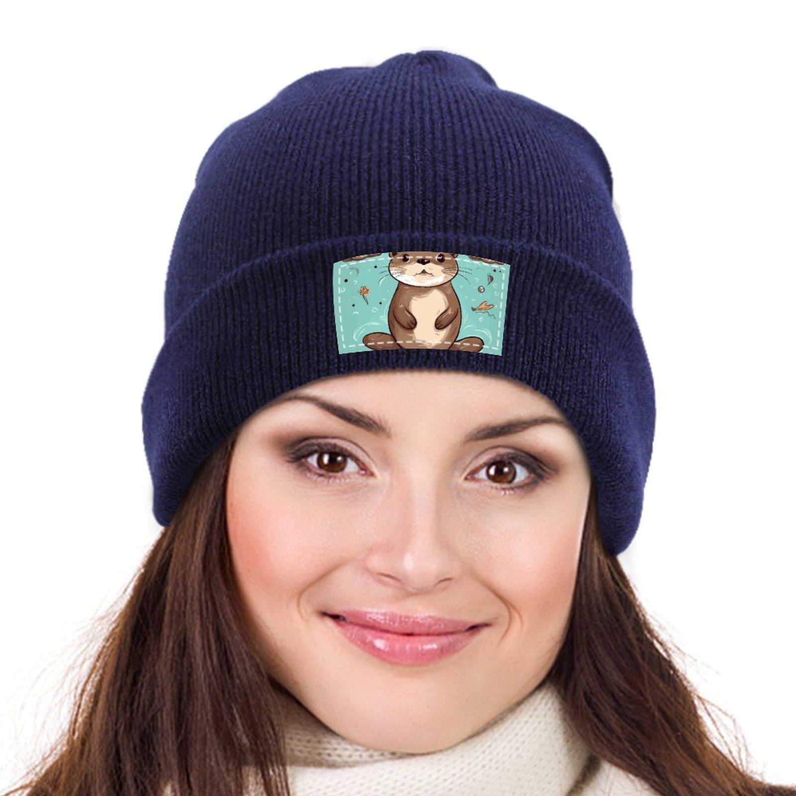 Cartoon Cute Otter Knit Beanie for Men Women, Cuffed Knitted Skull Cap, Winter Warm Slouchy Hat