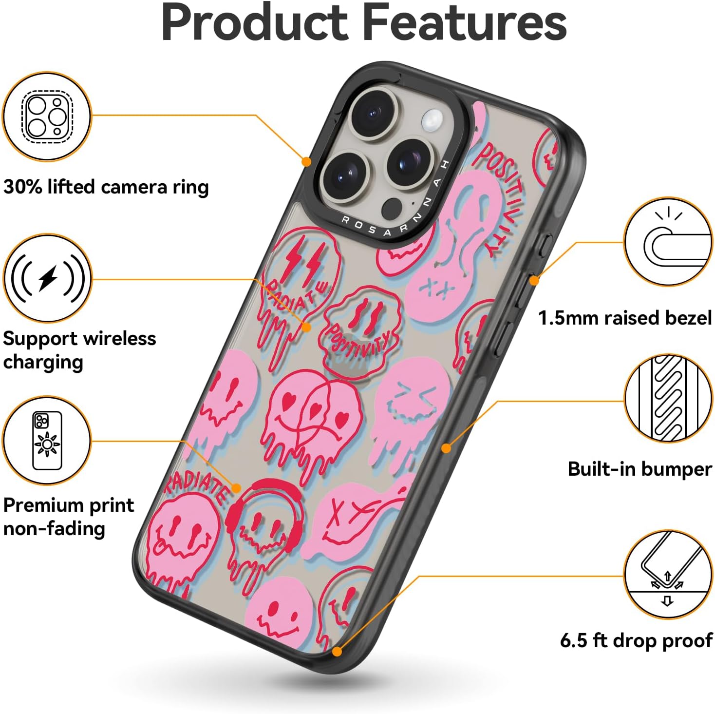 Compatible for iPhone 15 Pro Max Case Cute Aesthetic - Durable Shockproof 6.6 ft Drop Impact Phone Case Cover with Funny Fashion Radiate 6.7" Black