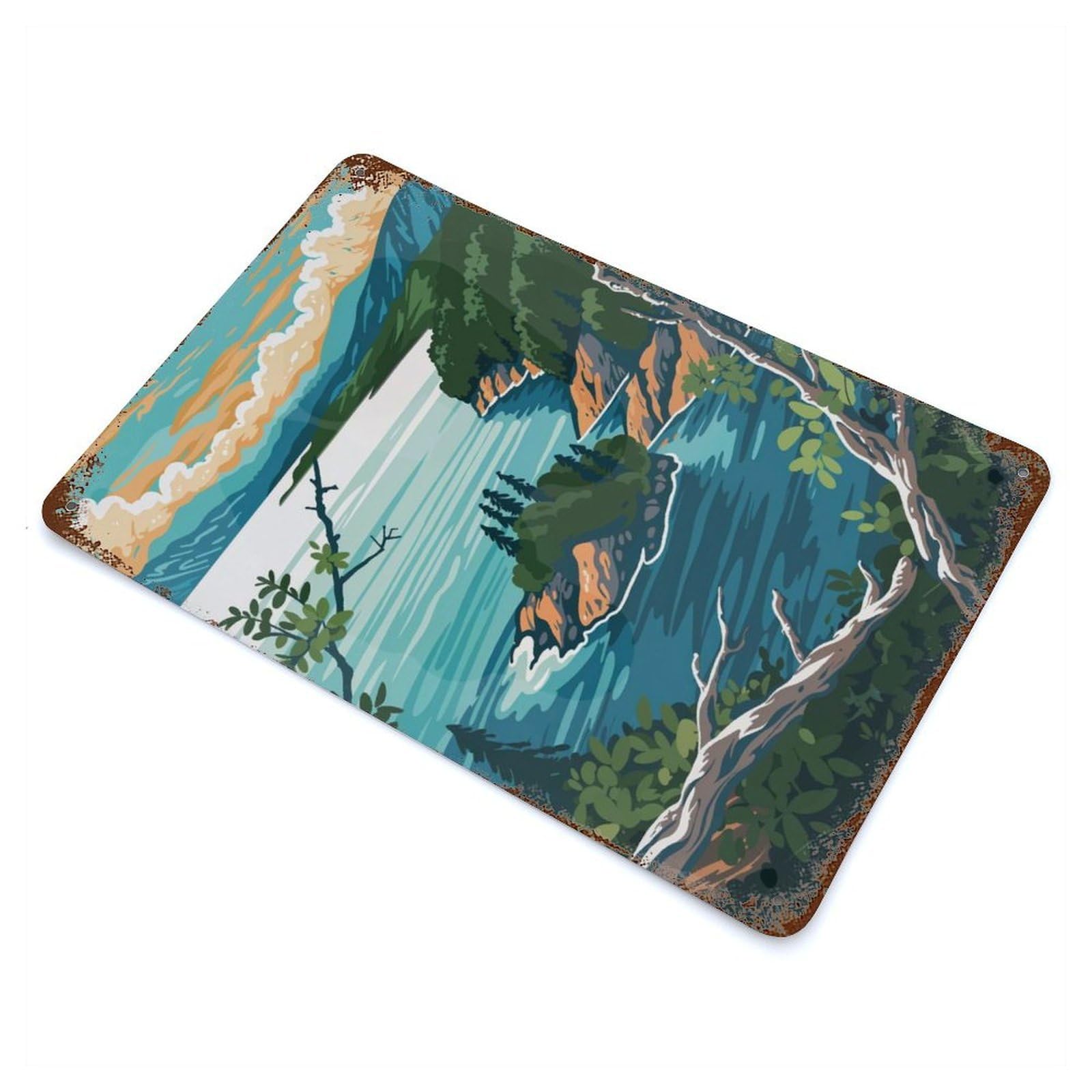 Rusty Metal Tin Sign with Baikal Lake Landscape Design 11.8"x7.9", for Garage, Bar And Workshop Decor, Decorative Metal Wall Art