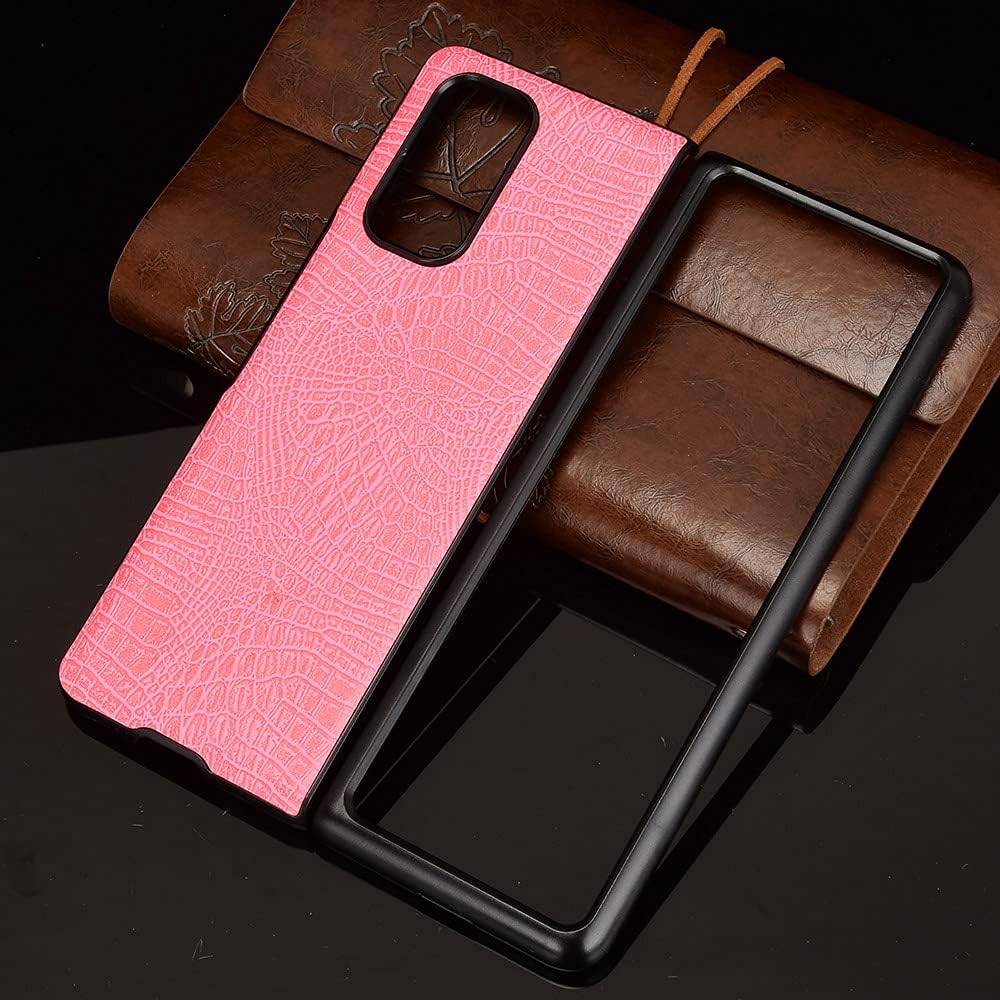 Disassembled pink phone case components: a rigid black frame and a pink leather-textured back panel.