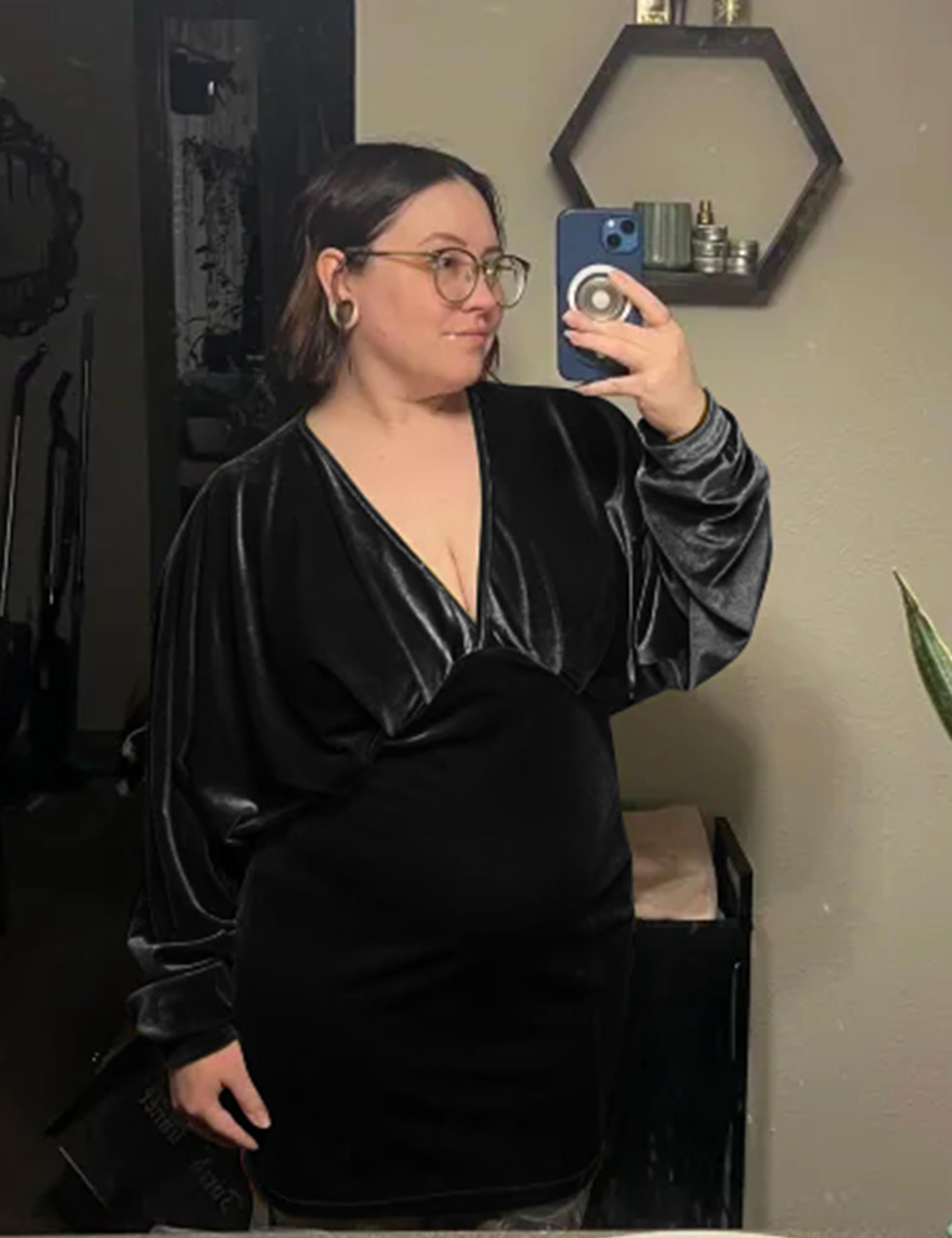 YMDUCH Elegante vestido corto de terciopelo para mujer, con cuello en V profundo, manga larga, estilo murciélago, para fiesta, club
