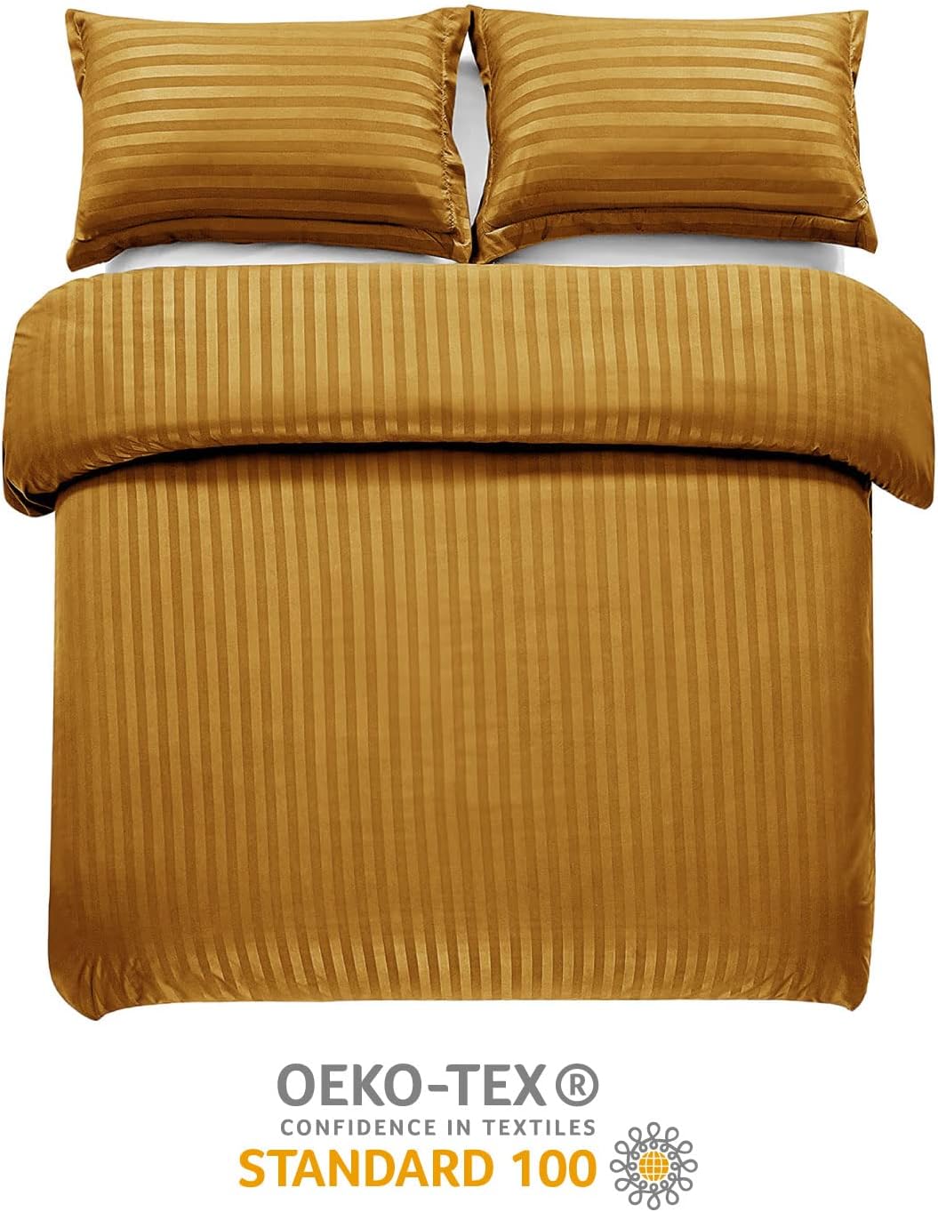 MOONLIGHT20015 Double Duvet Set Reversible Stripes Satin Double Bedding Set including 2 Pillowcases Soft Hypoallergenic Duvet Cover (Ochre 200x200 CM) - Image 3