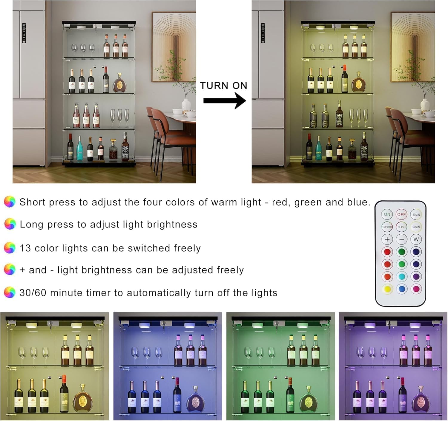 64" Glass Cabinet, 4 Shelves Glass Display Cabinet with LED Lights, Glass Storage Cabinet with 2 Doors, Curio Cabinet Toy Organizers Rack, Display Shelf, Kids Bookshelf for Bedroom, Black