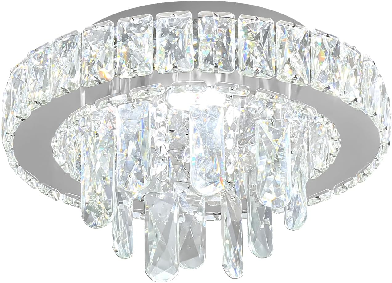 Dia 12" Mini Crystal Chandelier Modern Raindrop Chandeliers LED Dimmable Flush Mount Chandelier Crystal Ceiing Light for Entryway Hallway Bedroom Dining Room Silver