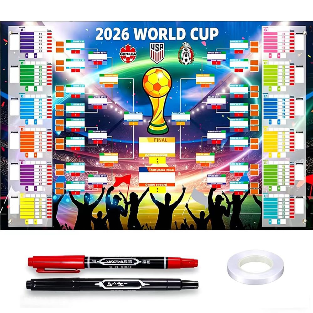 Poster 2026 con 2 penne, pianificatore di calcio, 84 x 60 cm, pianificazione del mondo 2026, poster per decorazione, contiene 48 squadre di gruppo Knockout e finale, tutti i risultati dei giochi