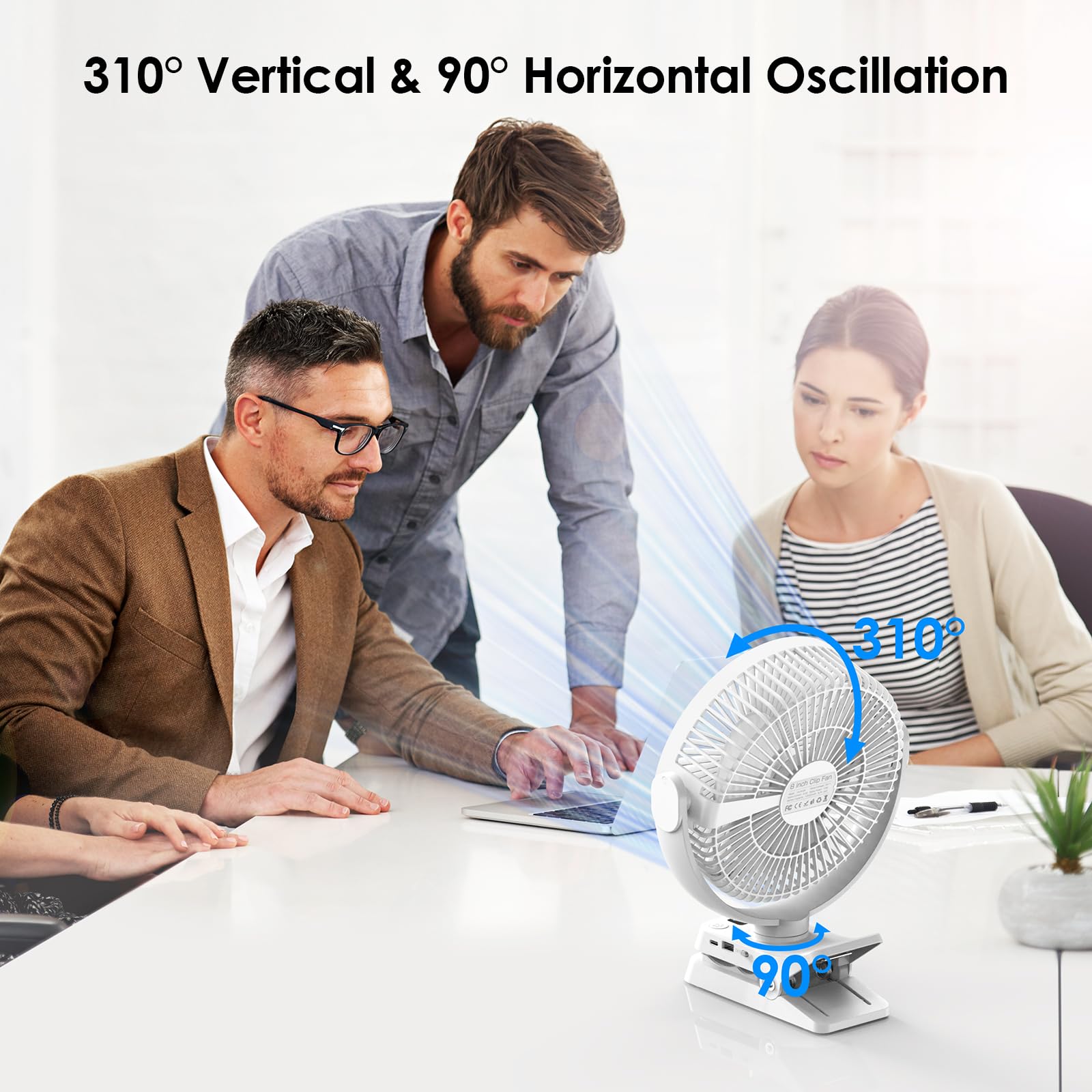 Minthouz Ventilatore a clip da 12000 mAh, ventilatore da tavolo USB da 20,3 cm, 5 livelli, 29 ore di autonomia, telecomando e indicatore LED, ventilatore portatile per casa, passeggino e campeggio