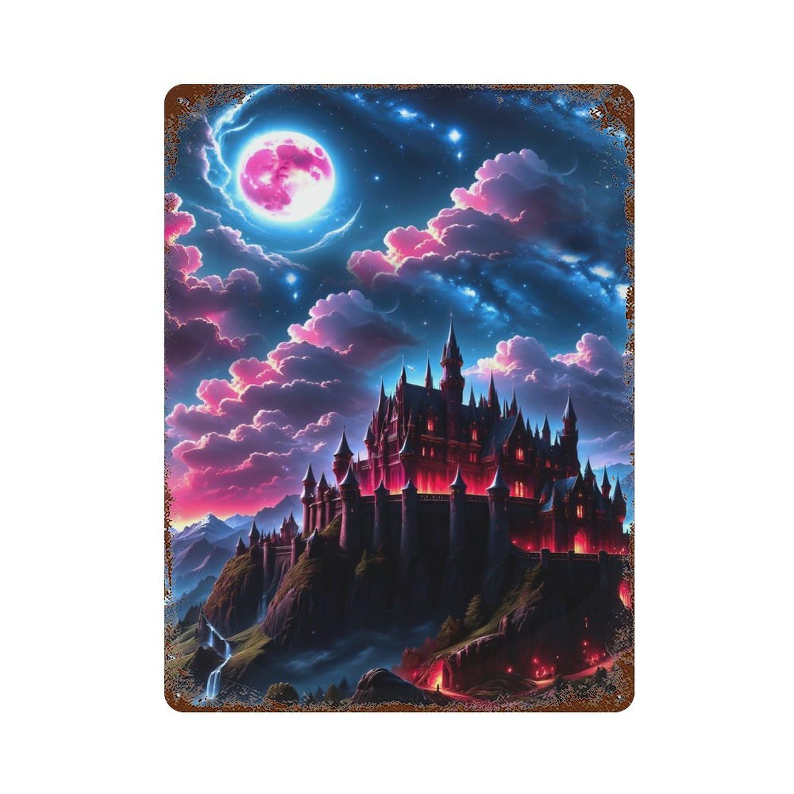 Fantasy Castle Night Rustic Tin Plaque 15.7"x11.8", Ideal for Cafe, Home Bar And Lounge Decor