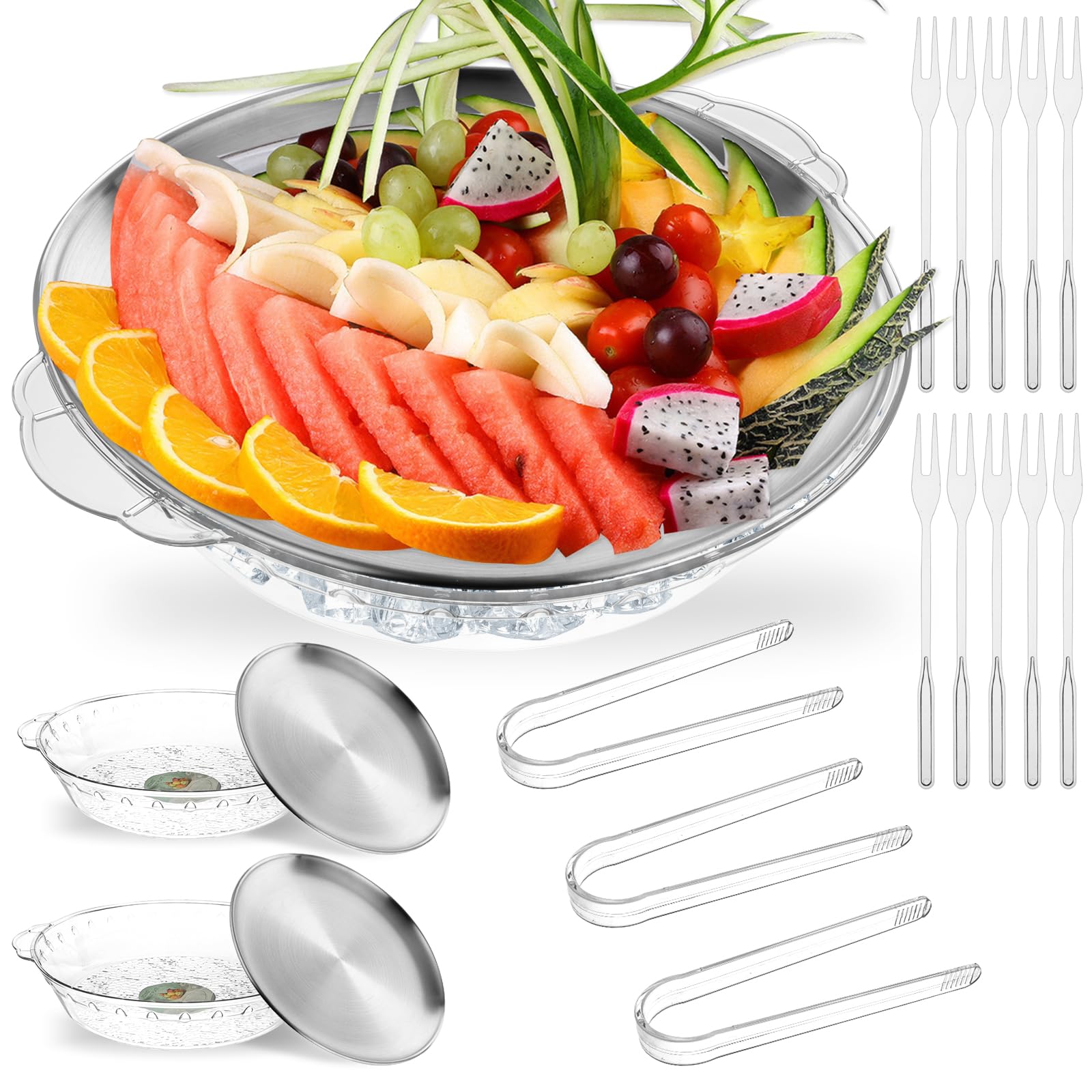 3 Set 11.8" Chilled Serving Tray for Parties with Compartments Ice Chilled Party Platter, Ice Serving Board with 3 Tongs 10 Forks, Cold Dish Dip for