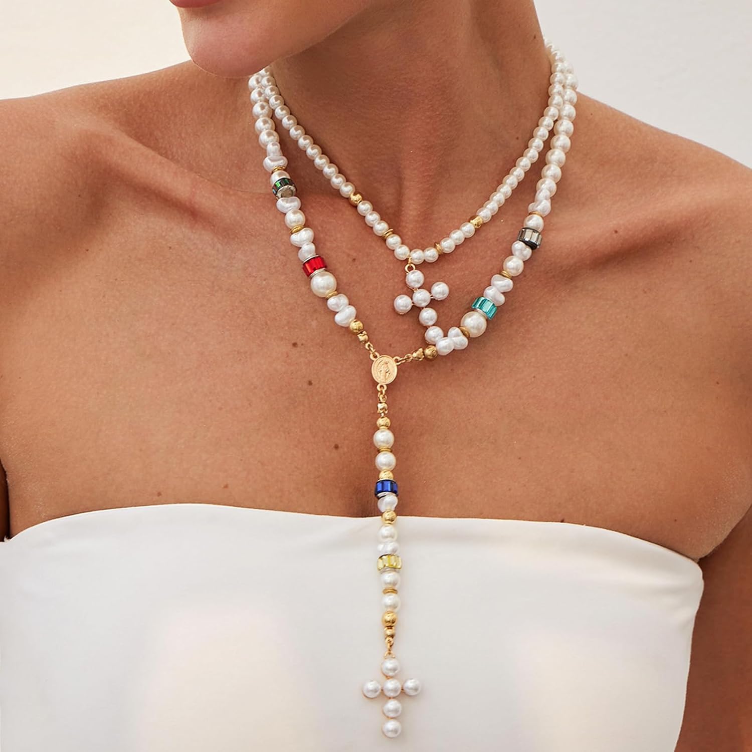 Pearl Cross Necklaces for Women Pearls Beaded Choker Necklace Trendy Wedding Jewelry Gifts - Image 2