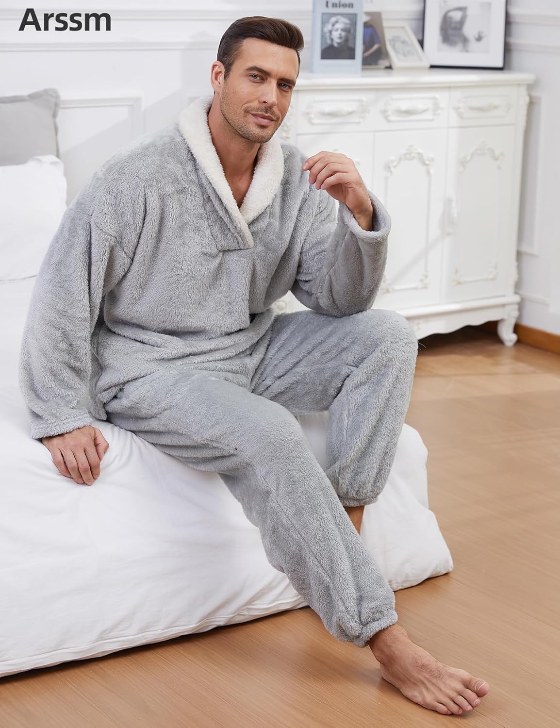 Arssm Mens Fluffy Pajamas Set 2 Piece Fleece Pjs Loose Plush Winter Warm Cozy Loungewear Sleepwear - Image 3