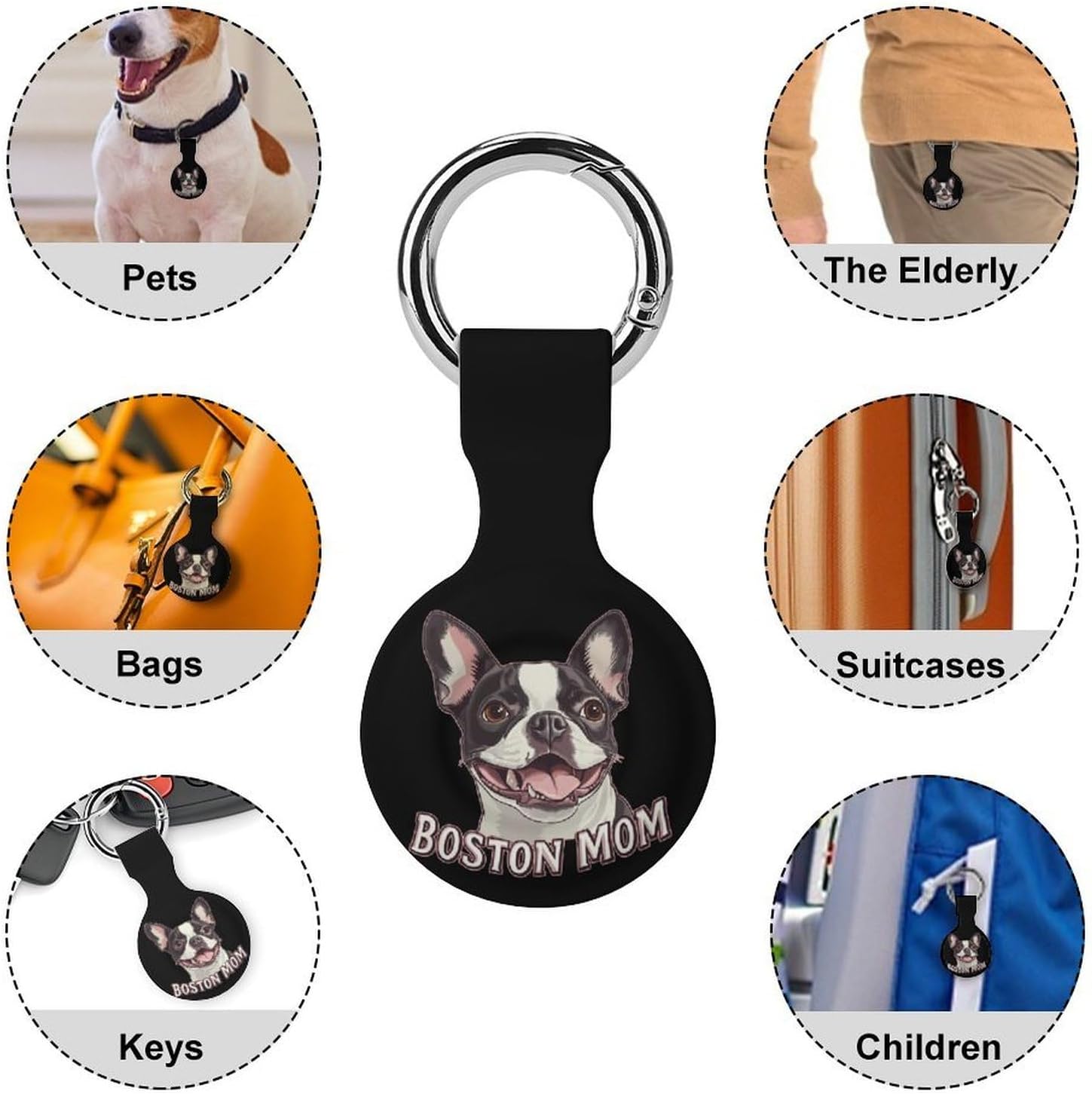 Boston Mom Terrier Dog Face Case Compatible with AirTag Holder Cover with Keychain Ring for Bags Luggages