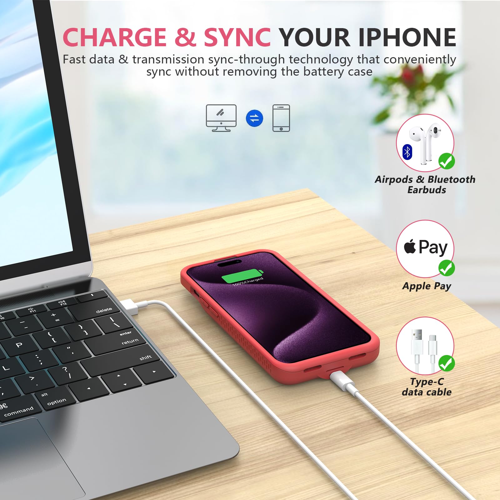 BOPPS Funda de batería rápida 15 W para iPhone 15/15 Pro, ultradelgada, ligera, potente, 7000 mAh, recargable, anticaídas, TPU de, antideslizante
