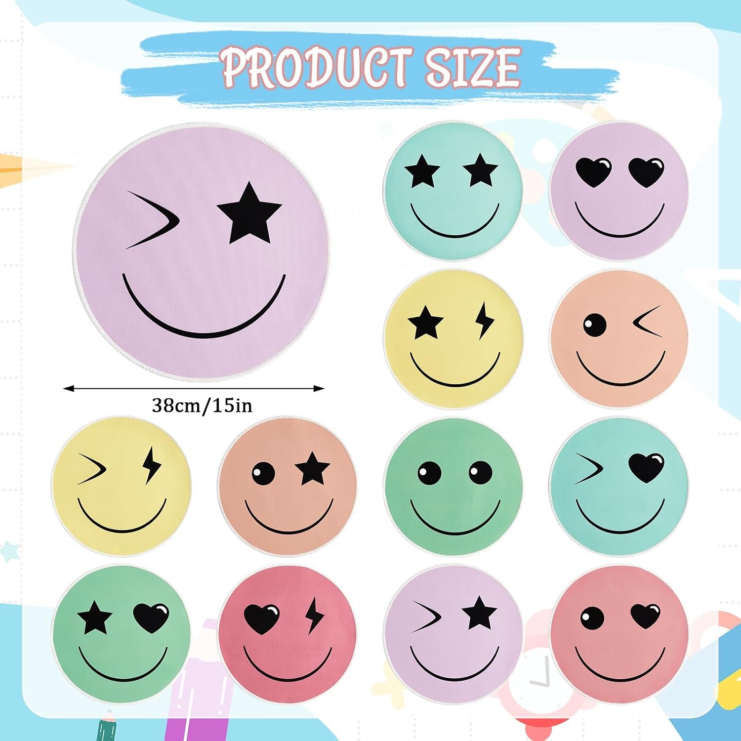 OBUSATT 12Pcs Carpet Circle Seats 15 Inch Round Classroom Rug for Calming Corner Supply Non Slip Floor Cushions Mat for Back to School Mental Health Nursery Learning Playing Areas Decor(Smile Face)