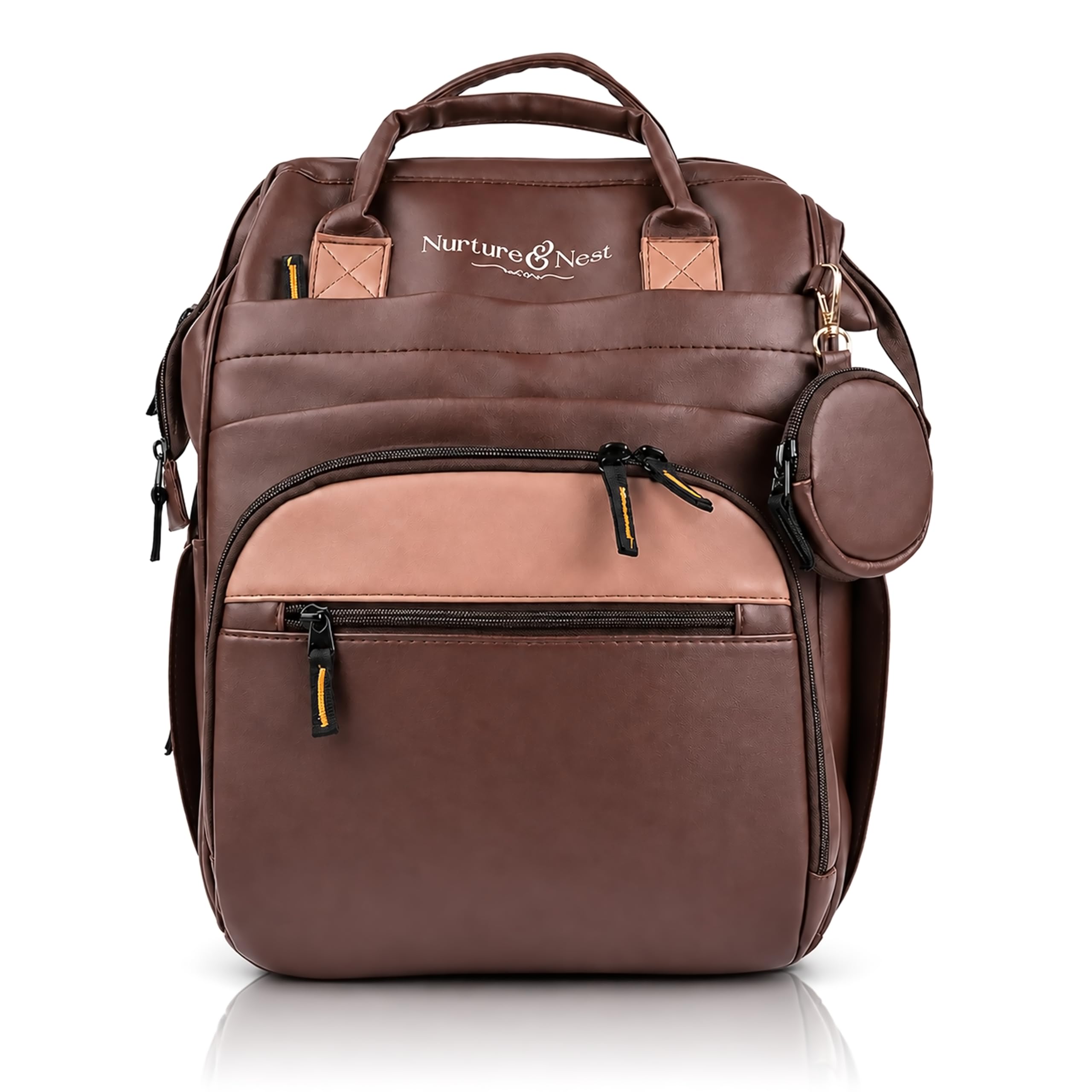 Baby Diaper Bag with 13-Pocket Design | Vegan Leather Bag with Bottle Holders | Detachable Pouch, Side & Zippered Pockets | Maternity Bag | Baby Shower Gift for Moms | Brown-image-43