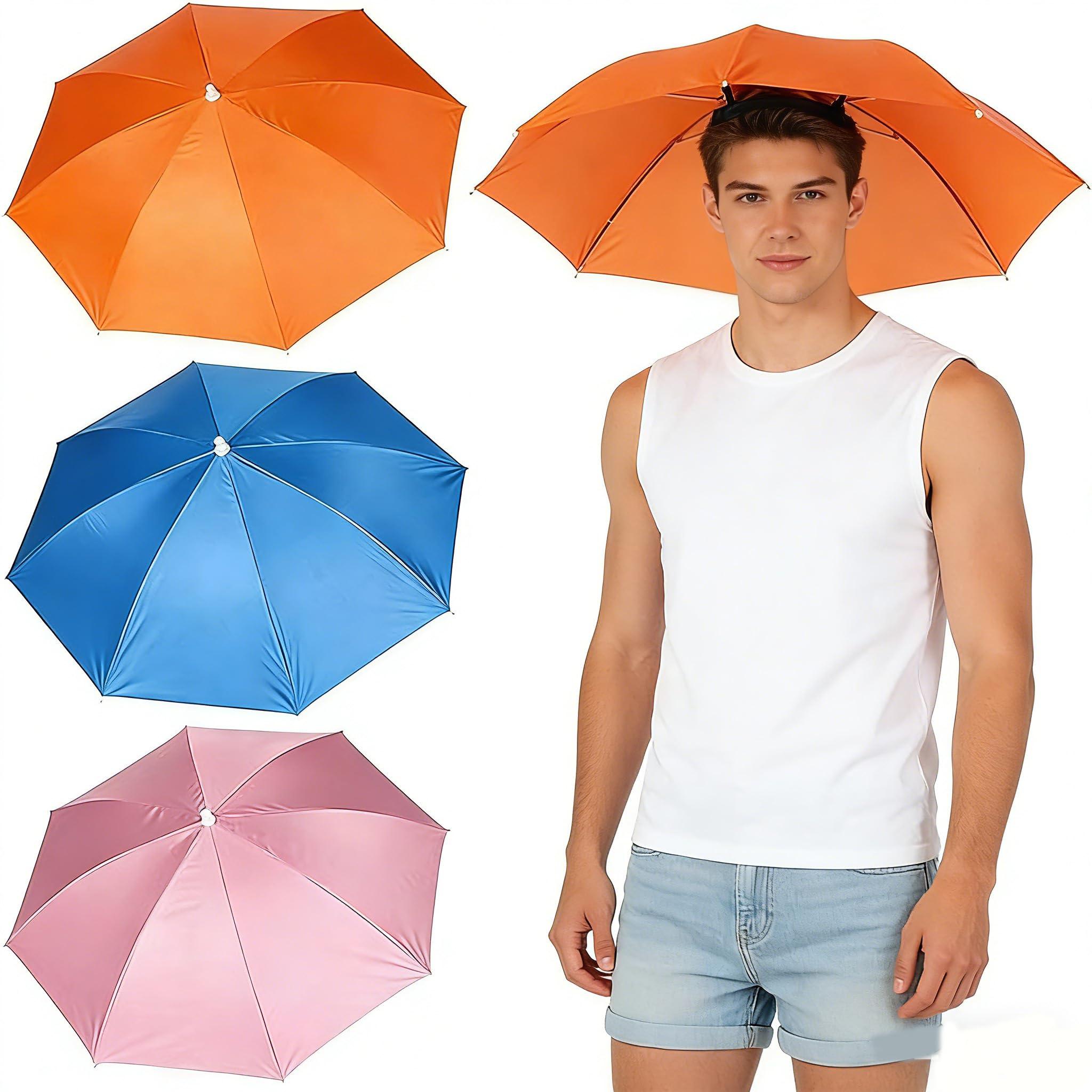 QiiWuic 3 Pcs Umbrella Hat, Wide 53cm Diameter Head Umbrella Adult For Fishing, Lightweight Hands-Free Coverage With Side Protection, Ideal For Rain & Sun Protection, Fishing, Outdoor Events, Camping