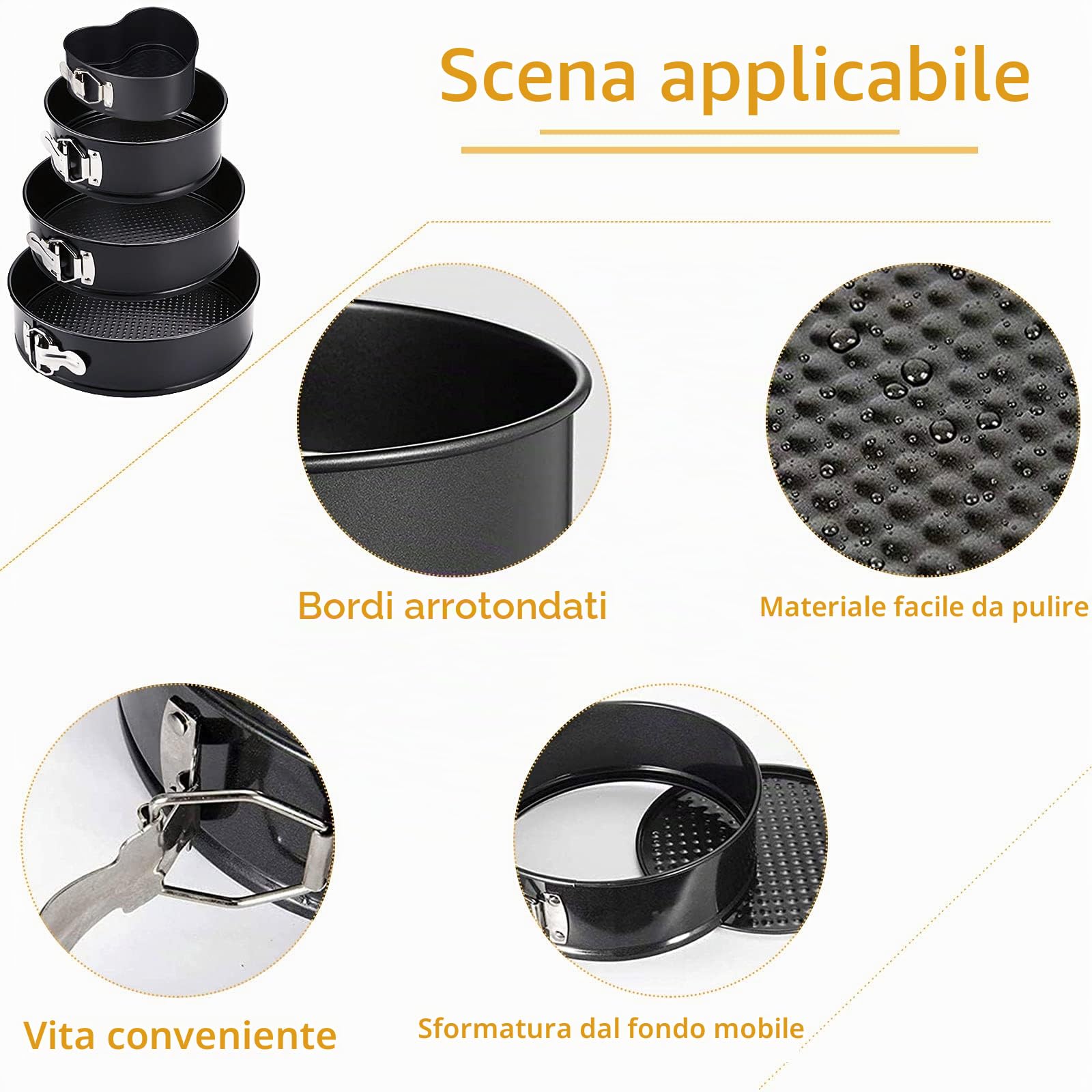Amzeeniu Stampo per cerniera, set di 4 11/18/23/26 cm, stampo per torta rotondo professionale e utensili da cucina, fondo rimovibile antiaderente con kit di 8 boccole da pasticceria e 3 torte