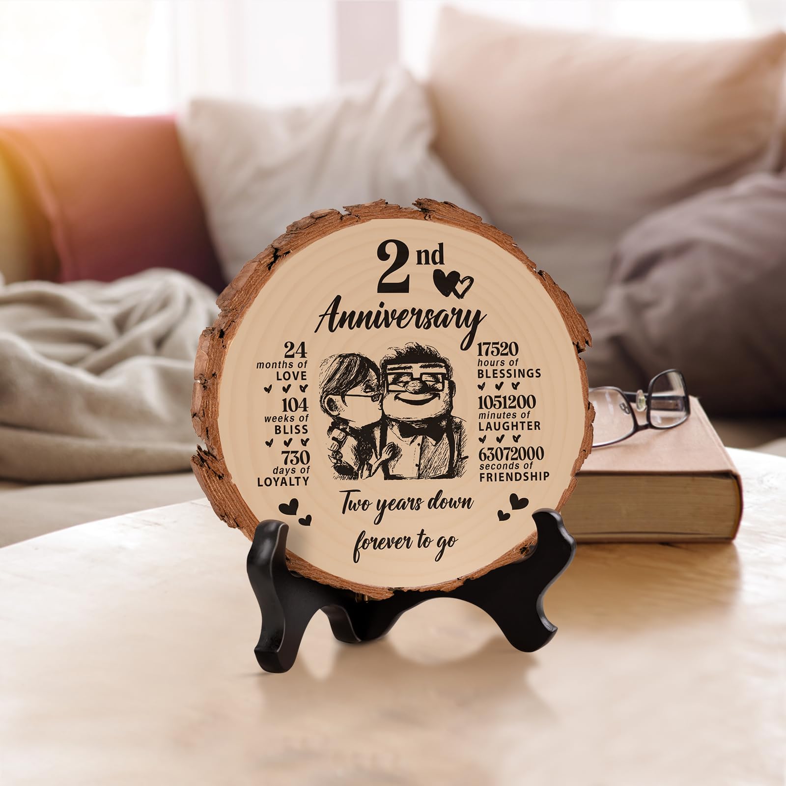 Targa In Legno Per 2° Anniversario - Regalo Coppia, Design Romantico, Diametro 15cm, Legno Massello - Foto 4