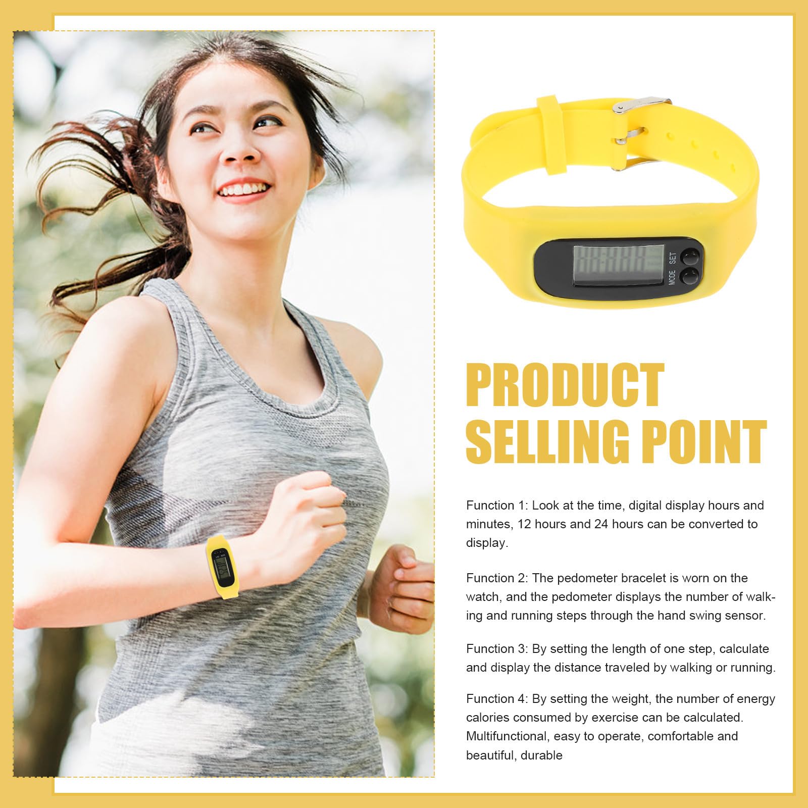 Bracciale Contapassi Digitale in Silicone Giallo per Camminare | Schermo Chiaro e Facile da Leggere, senza App, Uso Semplice, Batteria Ag10 Inclusa