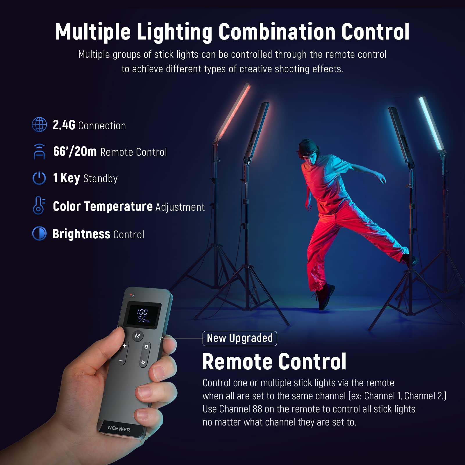 NEEWER Ulepszony pręt świetlny LED, pilot zdalnego sterowania 2,4 G, zestaw 2 szt., ręczne ściemnianie, 3200 K ~ 5600 K, CRI97+, oświetlenie ze stojakiem/filtrem/torbą, do filmów YouTube, zdjęć, gier,