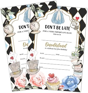 1st Birthday Invitation Cards, Onederland Party Invites, Kids Happy Birthday Party Decorations Supplies, 20 Fill-in Cards with Envelopes for Boys or Girls Party Celebration - B07