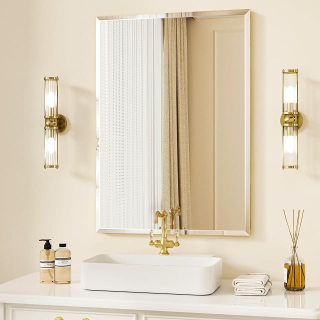 16x24in(40x60cm) Rectangle Frameless Beveled Wall-Mounted Mirror,Tempered Glass Bathroom Vanity Mirror with Beveled Edge,Hangs Horizontally or Vertically,Wall Mirror for Bathroom,Entryway