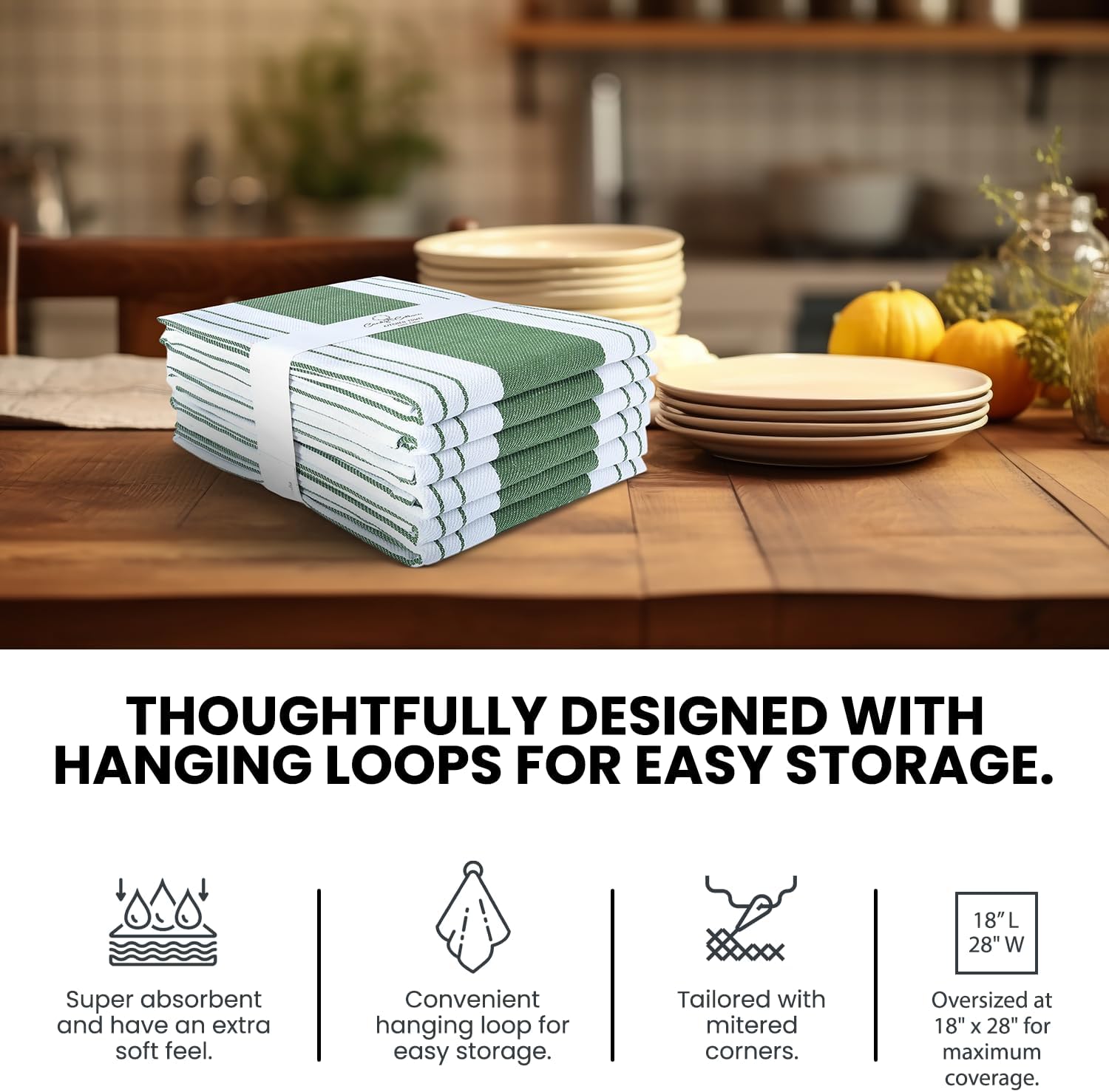 Stripe Kitchen Towels Decor Mordern Design Centreband Tea Dish Towels Boho Stripe Absorbent Festive Gift Set of 6 Pantry Reusable Kitchen Dish Towel|Easter Spring Decor 18x28 in Green - Image 5