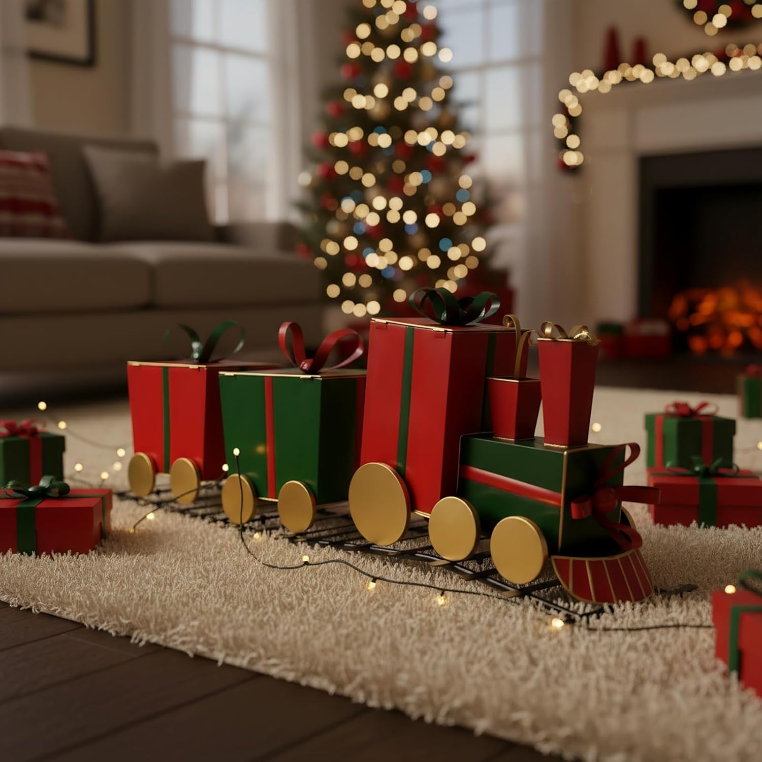 47'' Gift-Shaped Iron Train Carriages Decor with Track for Yard Outdoor Decoration Indoor Holiday Party Christmas Home Art Decor Xmas Decor (Gift-Shaped Train)