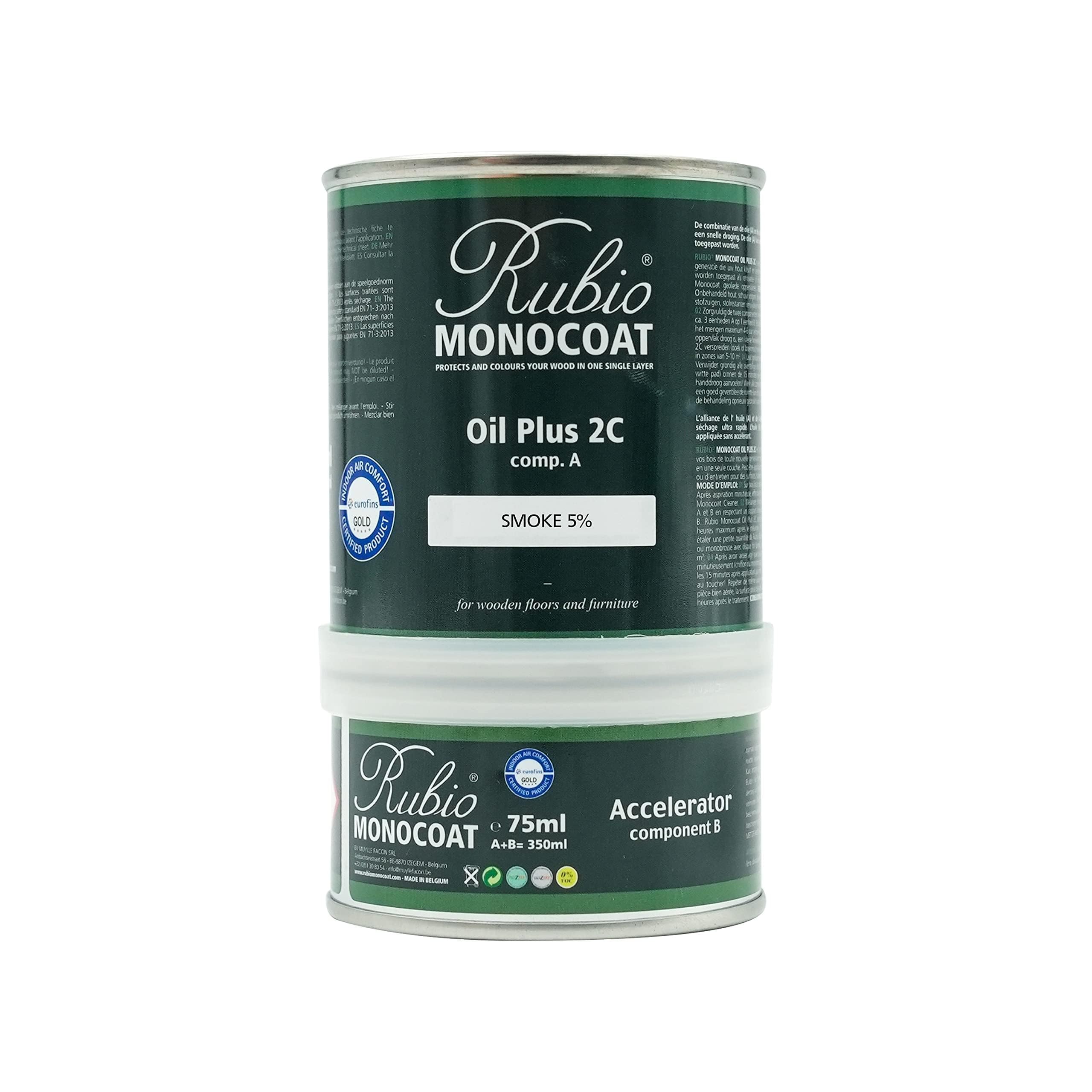 Rubio Monocoat Wood Oil Finish 14 m² - Smoke 5% | Oil Plus 2C | Flaxseed Oil, Quick Drying for Indoor Wood, Includes Accelerator (Part B) | Protection | 350 ml