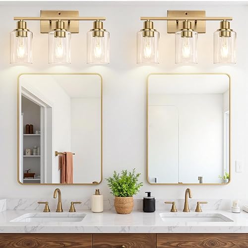Miniatura 7 de Lámparas de baño de 3 luces, luces de tocador de latón para baño con pantallas de vidrio transparente, modernos apliques de pared de baño para