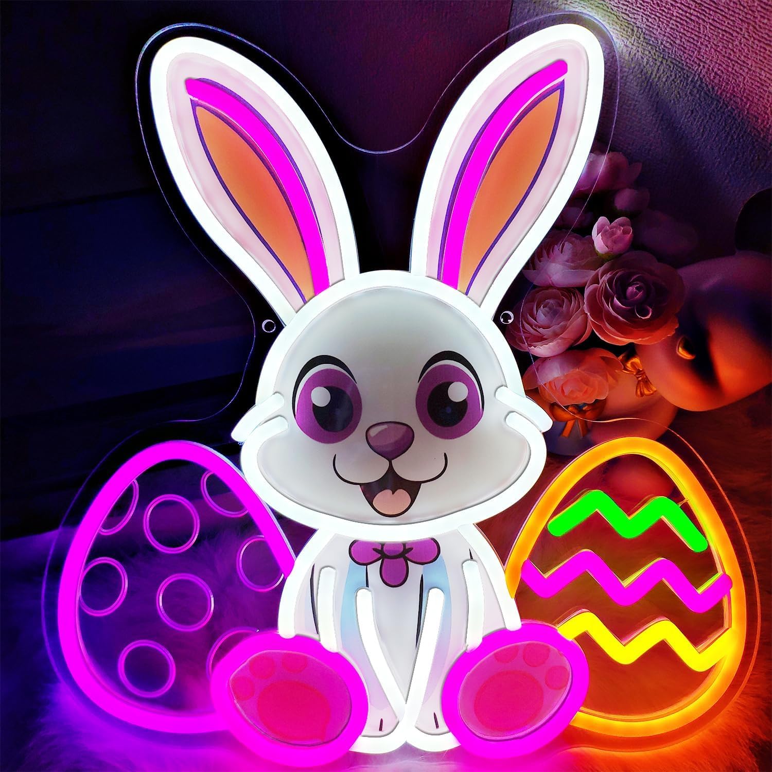 Easter Neon Sign, LED Light Up Bunny Eggs Decorations for Bedroom, Nursery Room, Classroom, Home, Acrylic Wall Mounted Lighted Cartoon Rabbit Decor, Easter Gifts for Boys and Girls, USB Powered