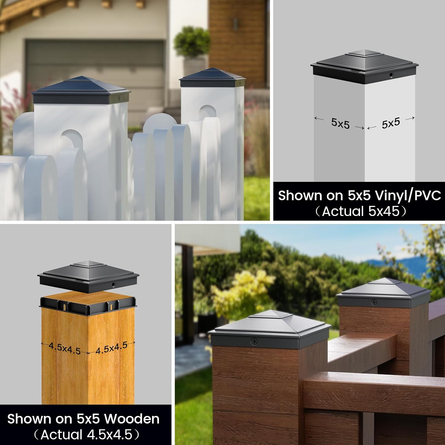 SIEDiNLAR 5x5 Pyramid Post Caps Outdoor Waterproof 5X5 Post Cover, Fits 5x5 4.5x4.5 Wood Vinyl Posts for Fence Deck Mailbox Patio (Black, 24 Pack)