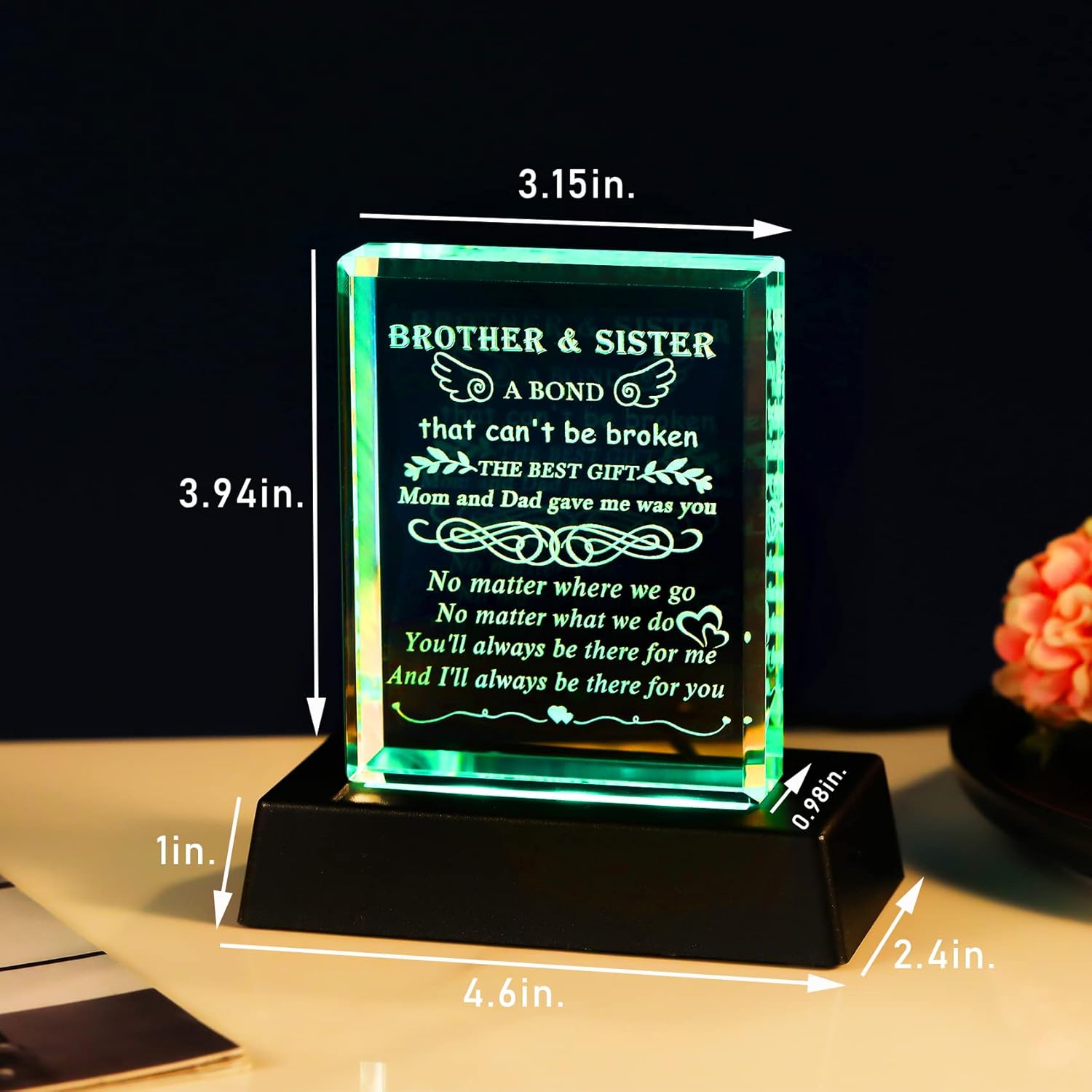 YWHL Best Brother Gifts from Sister, Birthday Gifts for Sister from Brother, Crystal Keepsake Gifts for Brother Adult, Big Sisters Brothers Present with Colorful Light Base - Image 2