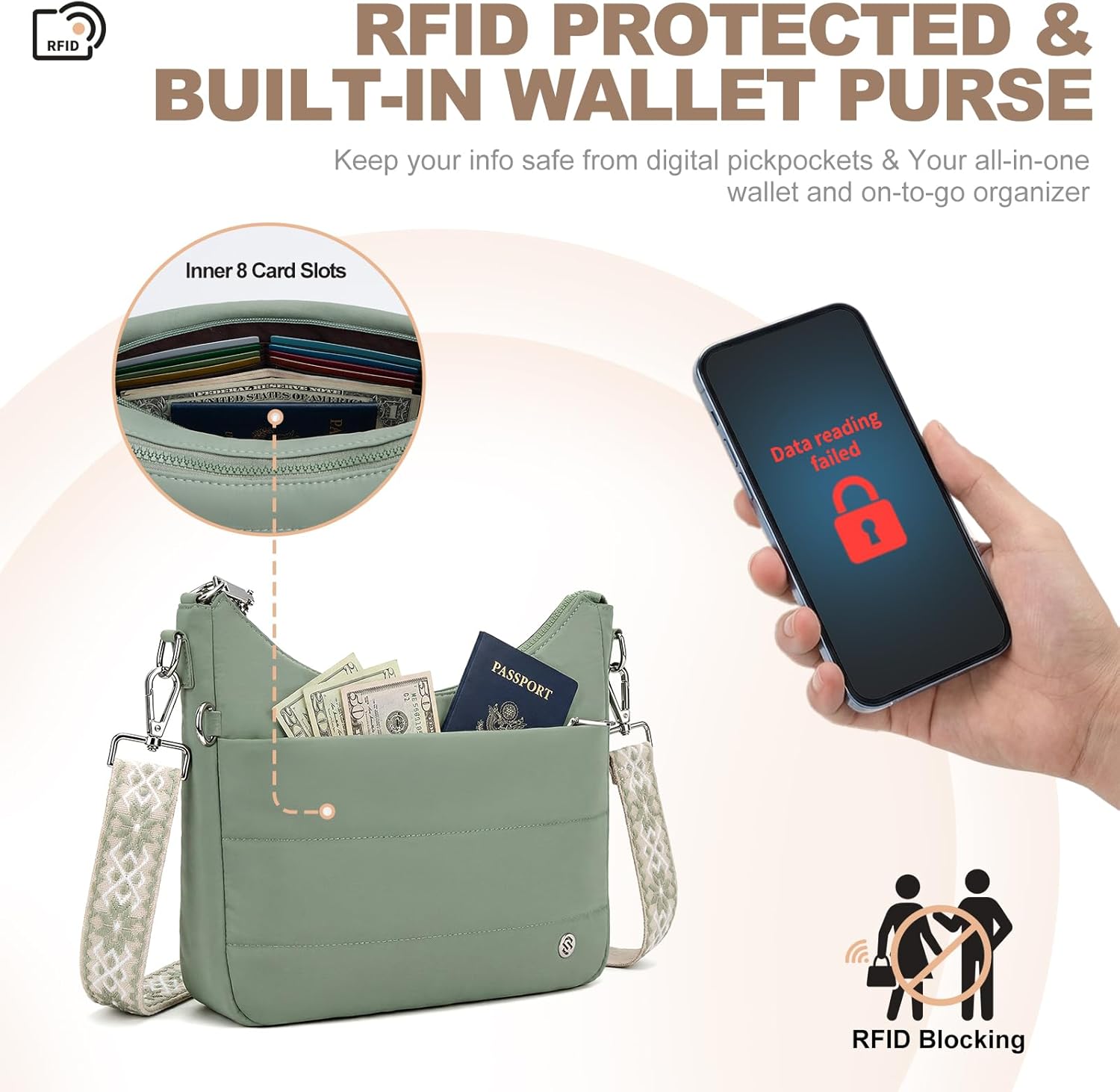 Anti Theft Crossbody Purse Hobo Crossbody Bags for Women, Quilted Puffer Bag Slouchy Built-in Wallet & RFID Blocking - Image 6